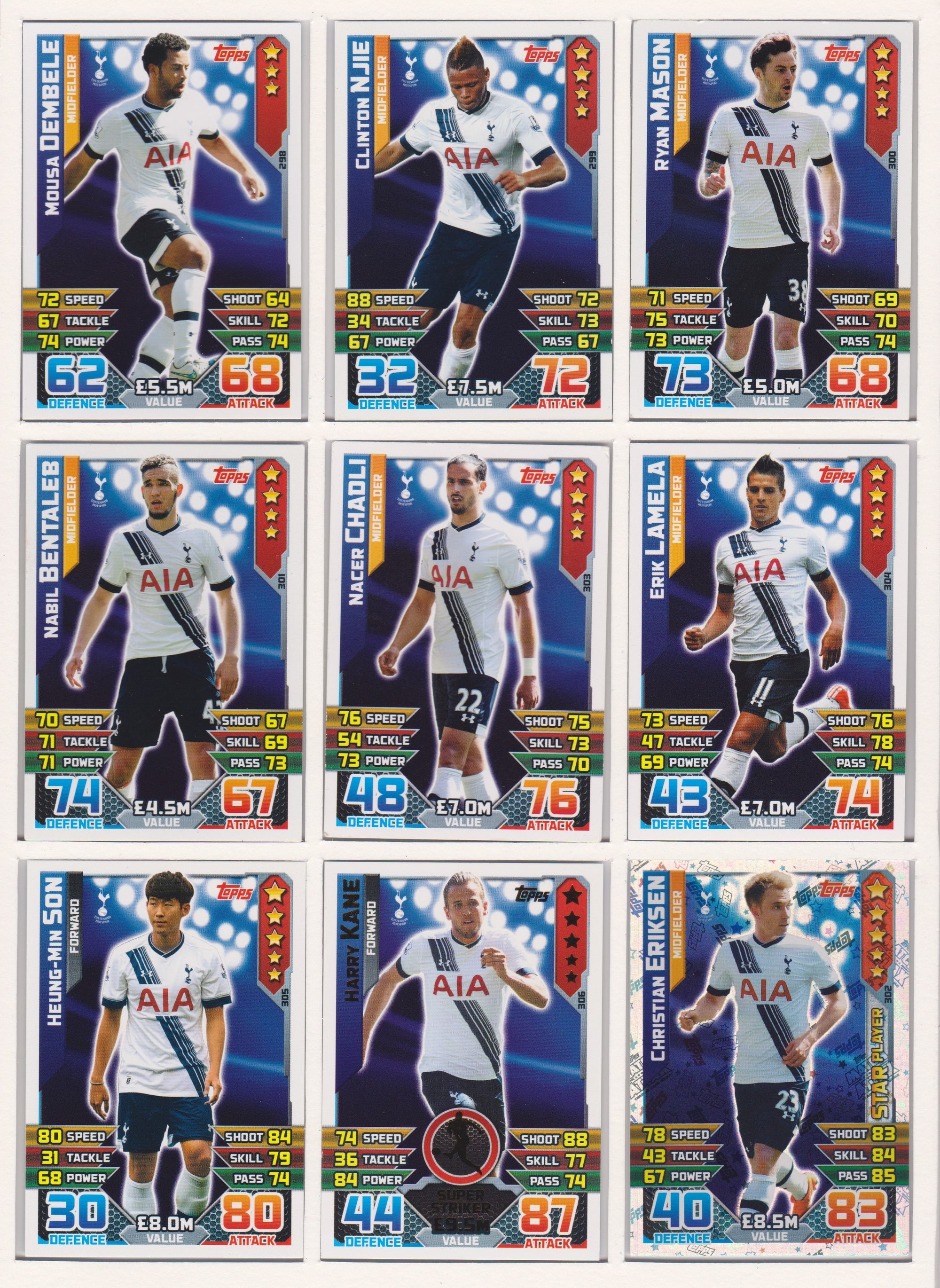 000. TOTTENHAM HOTSPUR - KOMPLETT SETT MED TOPPS MATCH ATTAX PREMIER LEAGUE 2015/16