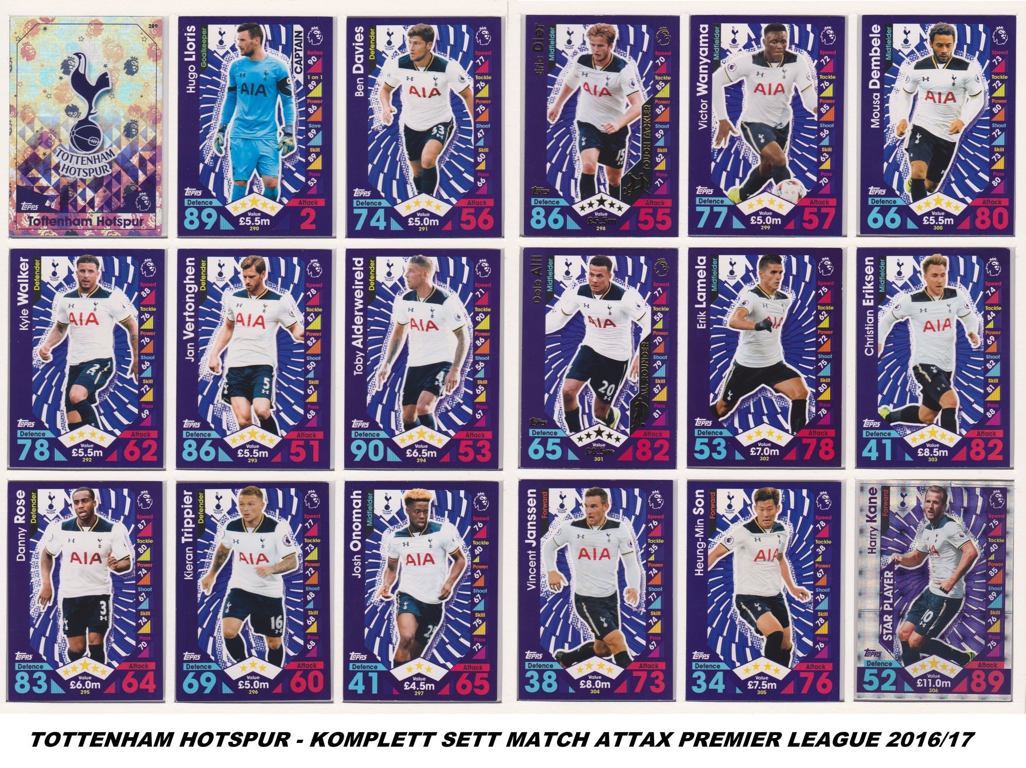 000. TOTTENHAM HOTSPUR - KOMPLETT SETT MED TOPPS MATCH ATTAX PREMIER LEAGUE 2016/17
