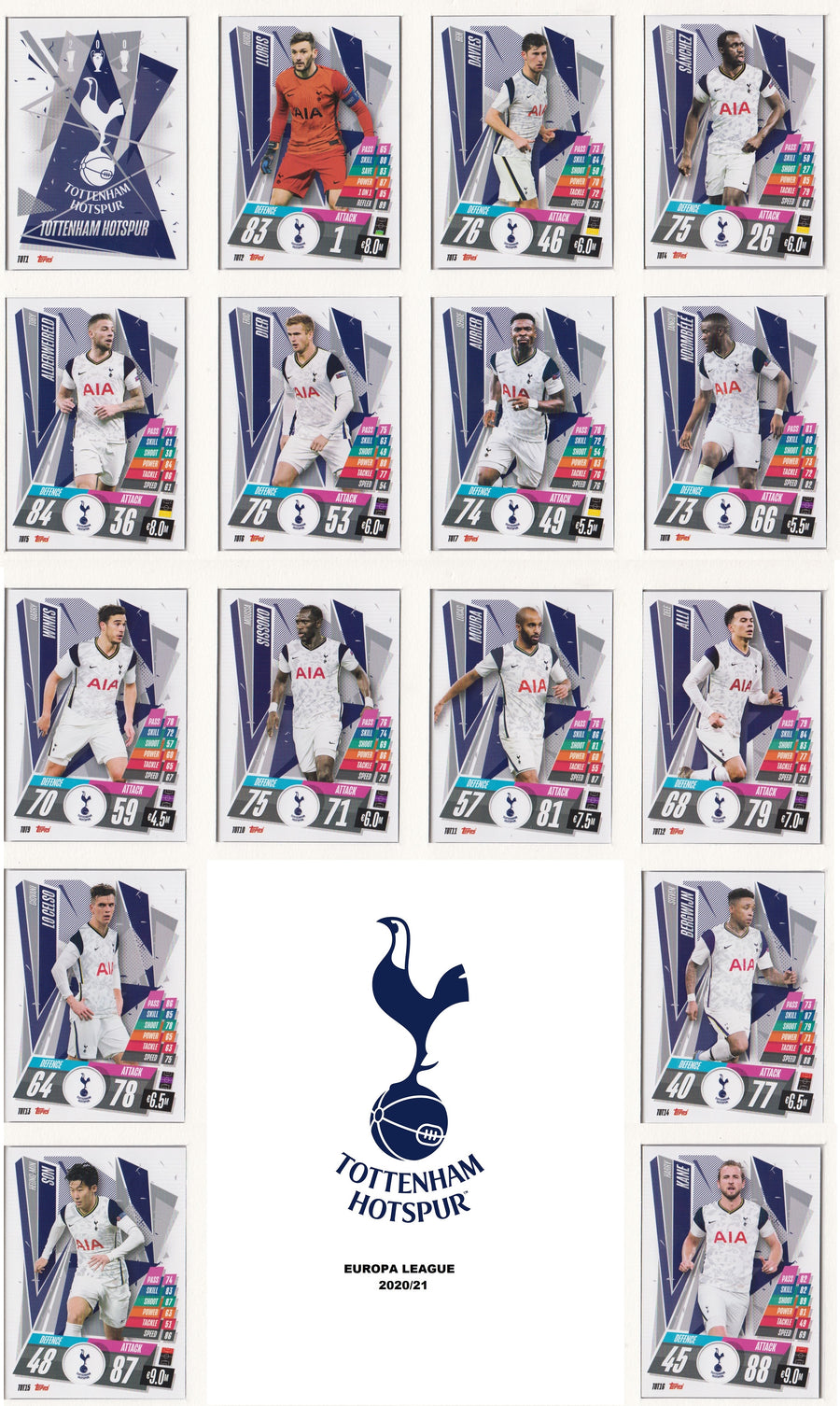 TOTTENHAM HOTSPUR KOMPLETT SETT MED TOPPS EUROPA LEAGUE 2020/21