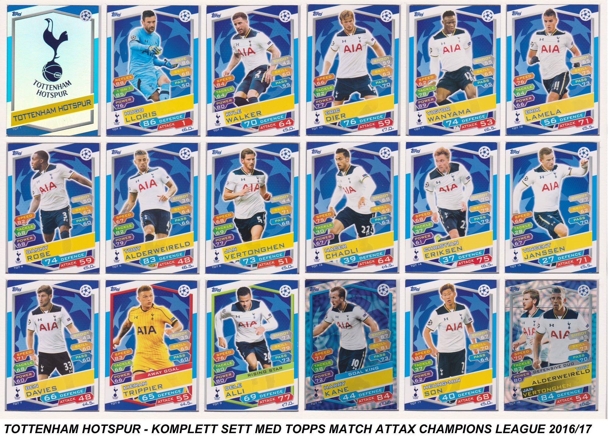 000. TOTTENHAM HOTSPUR - KOMPLETT SETT MED TOPPS MATCH ATTAX CHAMPIONS LEAGUE 2016/17