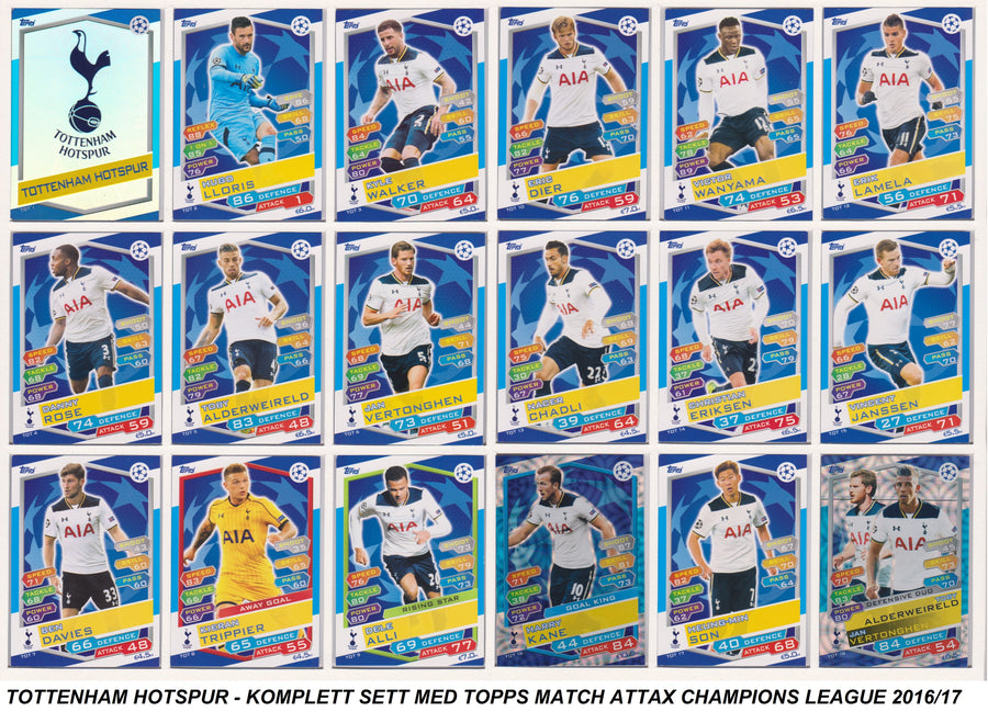 000. TOTTENHAM HOTSPUR - KOMPLETT SETT MED TOPPS MATCH ATTAX CHAMPIONS LEAGUE 2016/17