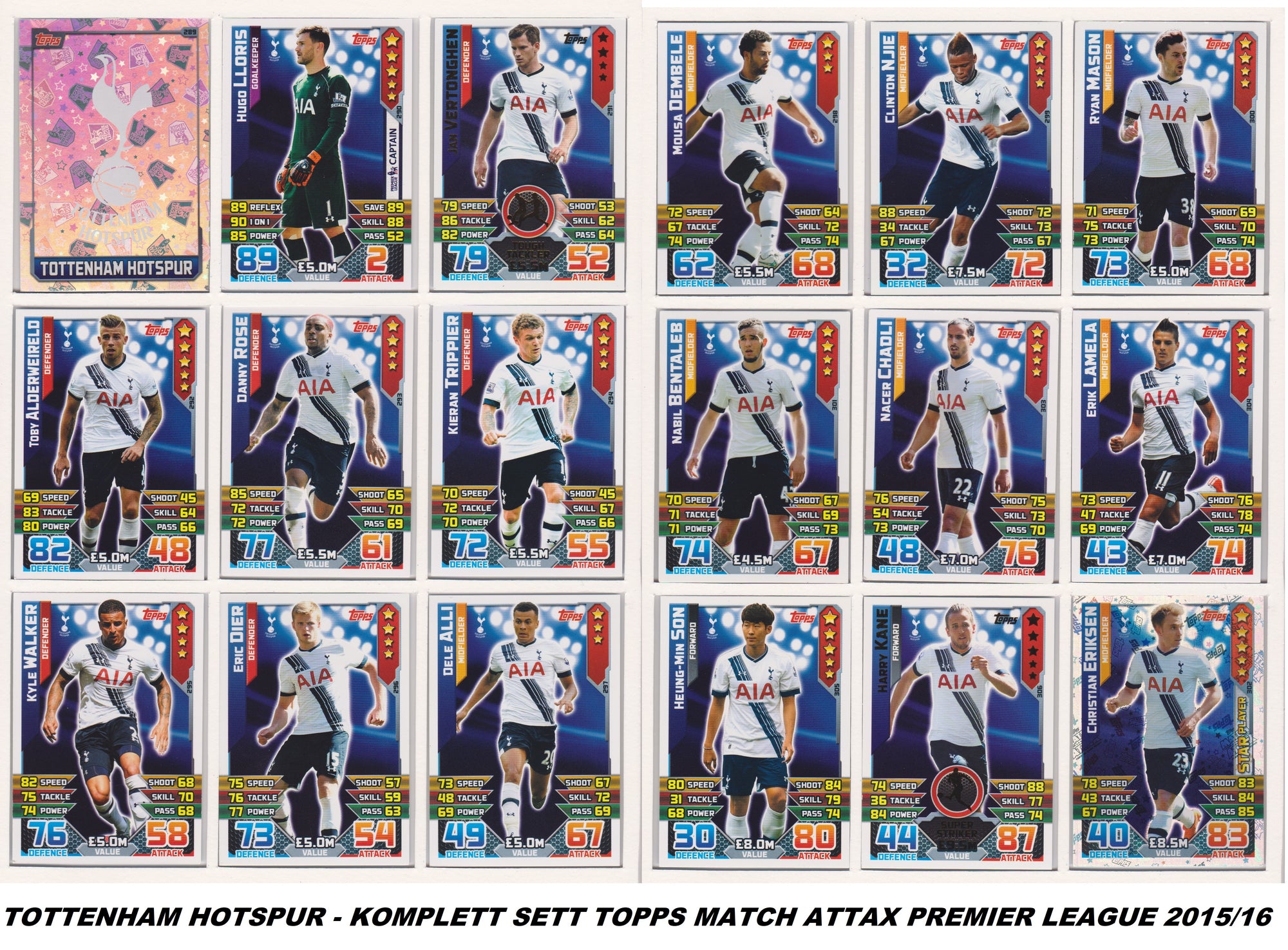 000. TOTTENHAM HOTSPUR - KOMPLETT SETT MED TOPPS MATCH ATTAX PREMIER LEAGUE 2015/16