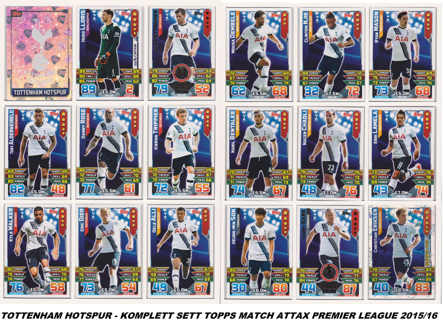 000. TOTTENHAM HOTSPUR - KOMPLETT SETT MED TOPPS MATCH ATTAX PREMIER LEAGUE 2015/16
