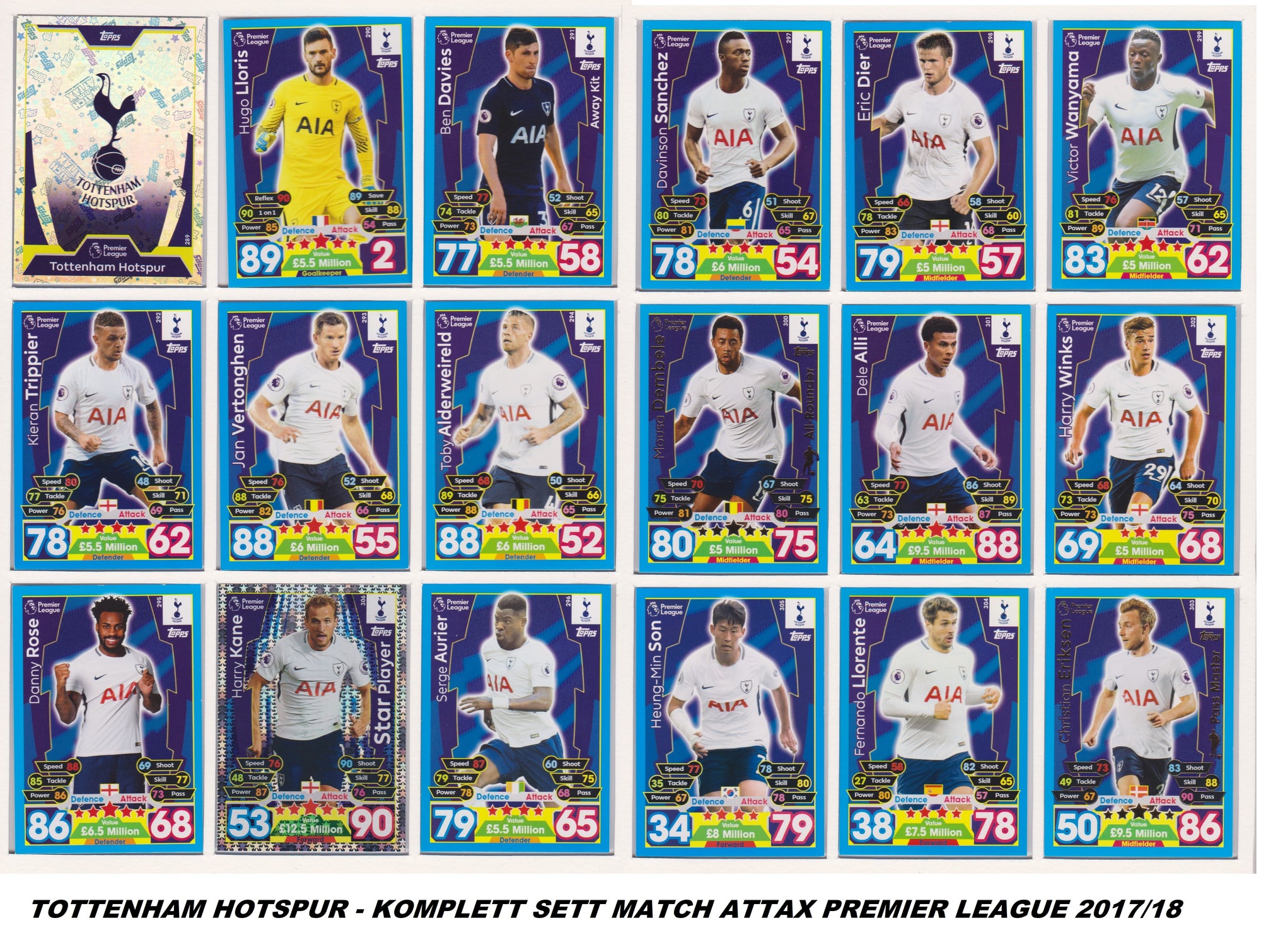 000. TOTTENHAM HOTSPUR - KOMPLETT SETT MED TOPPS MATCH ATTAX PREMIER LEAGUE 2017/18