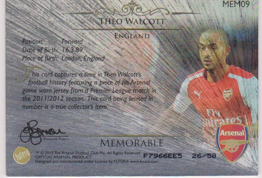 000. MEM 09. THEO WALCOTT - FUTERA 2015 MEMORABLE - "GAME USED MEMORABILIA" #50