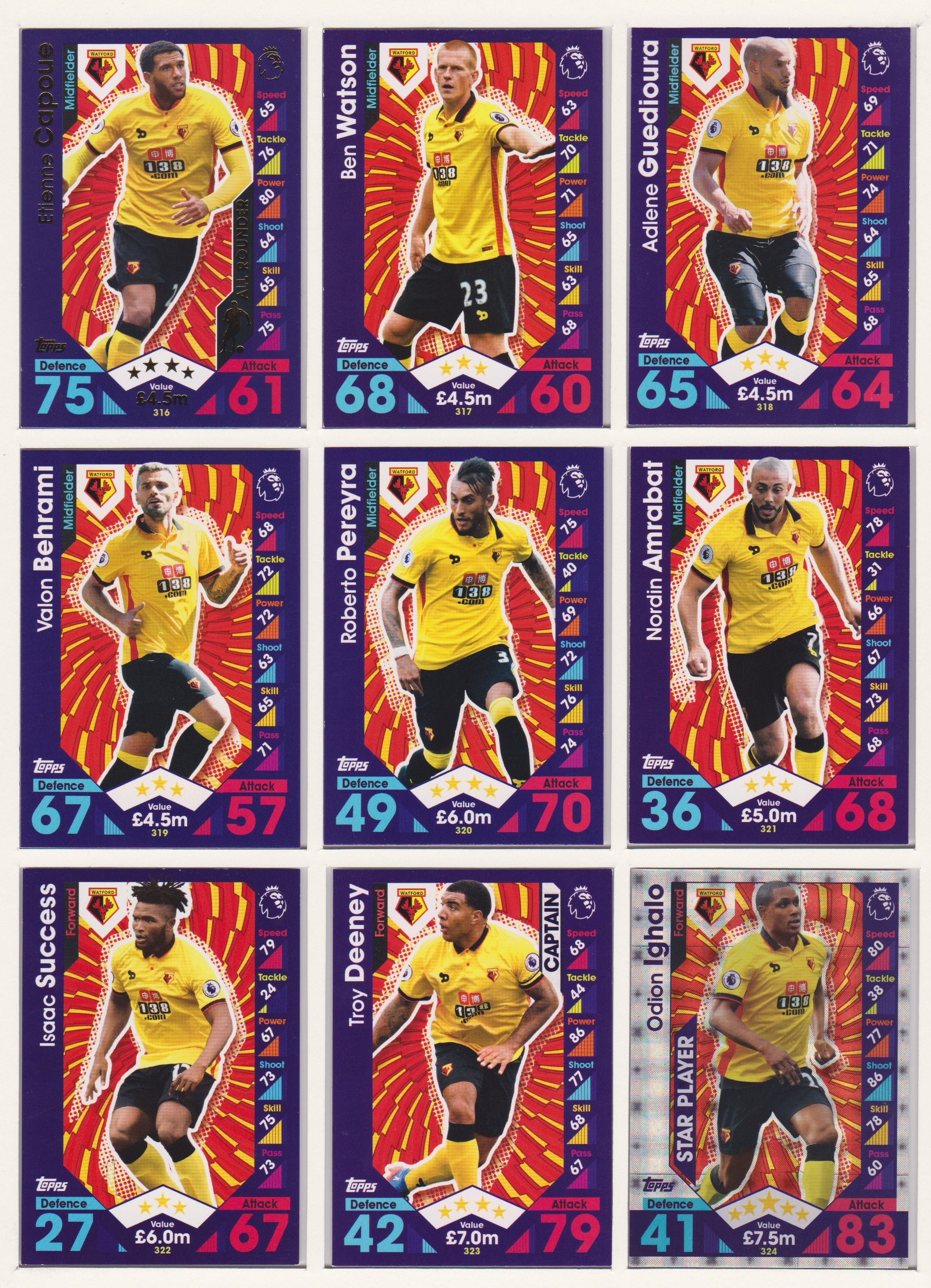 000. WATFORD - KOMPLETT SETT MED TOPPS MATCH ATTAX PREMIER LEAGUE 2016/17