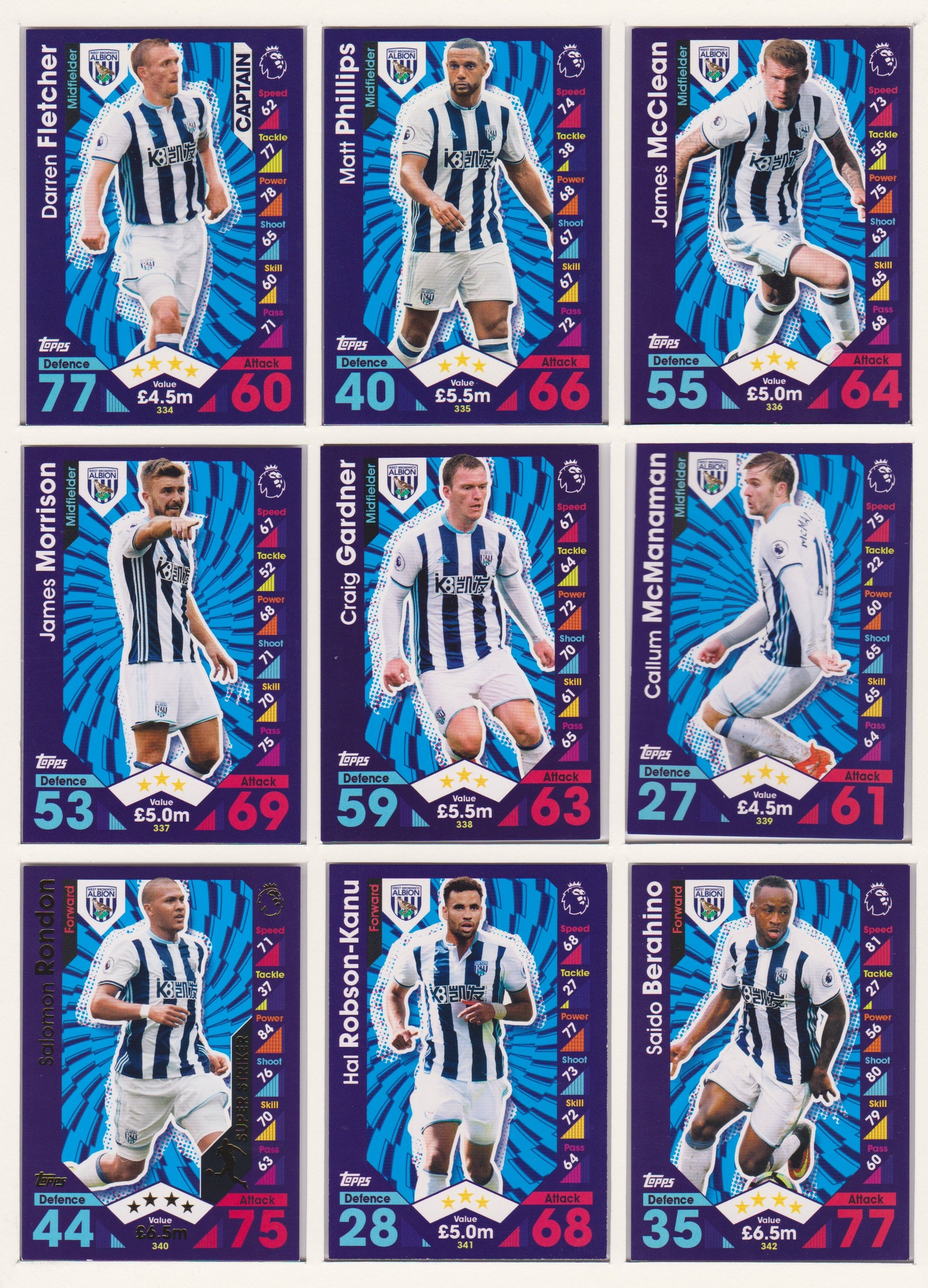 000. WEST BROMWICH ALBION - KOMPLETT SETT MED TOPPS MATCH ATTAX PREMIER LEAGUE 2016/17