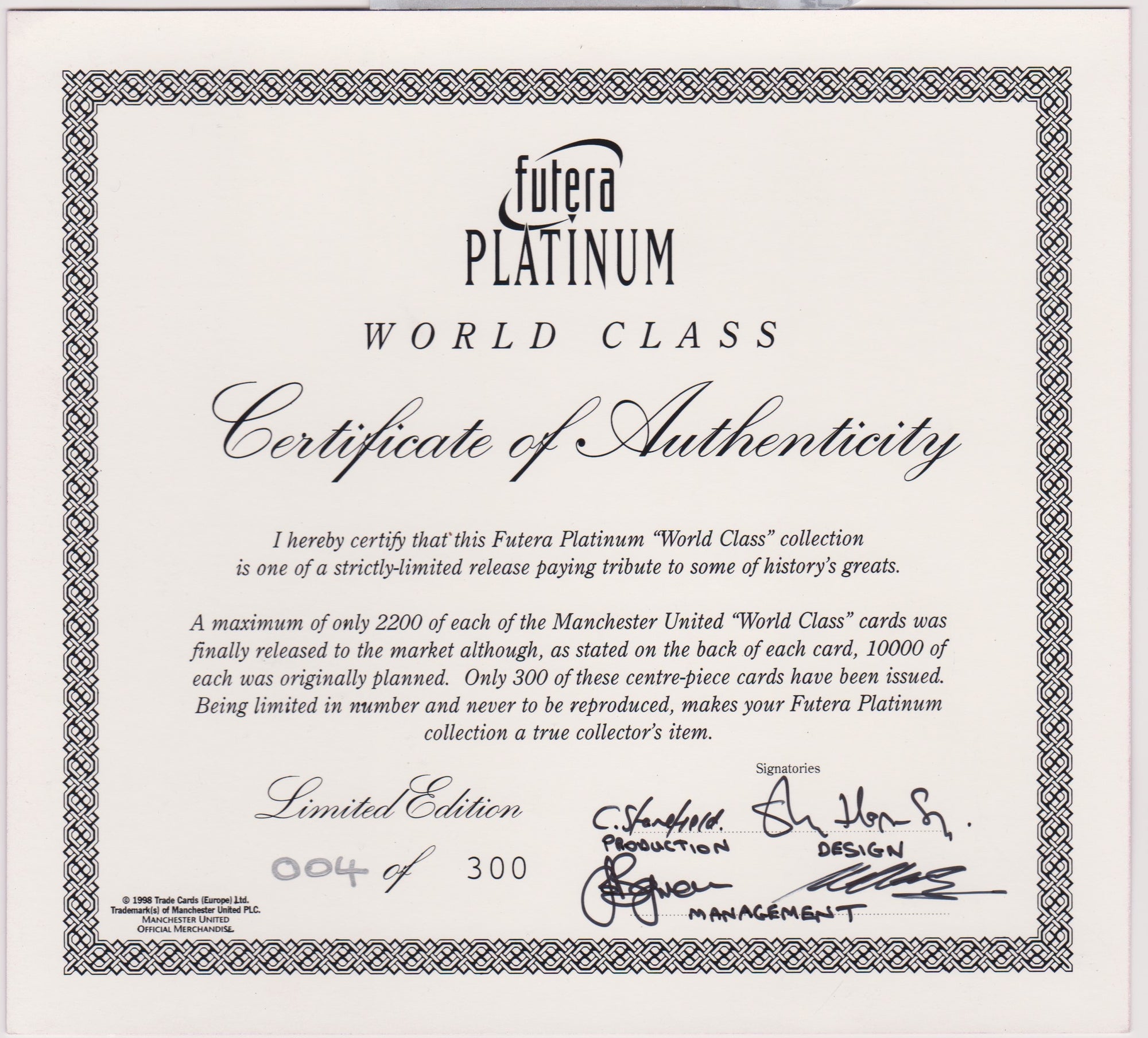 MANCHESTER UNITED - WORLD CLASS - FUTERA PLATINUM 1998 CARD 4 OF 300