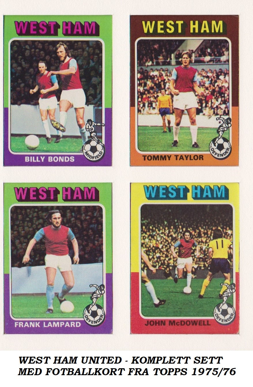WEST HAM UNITED - KOMPLETT SETT MED FOTBALLKORT FRA TOPPS 1975/76