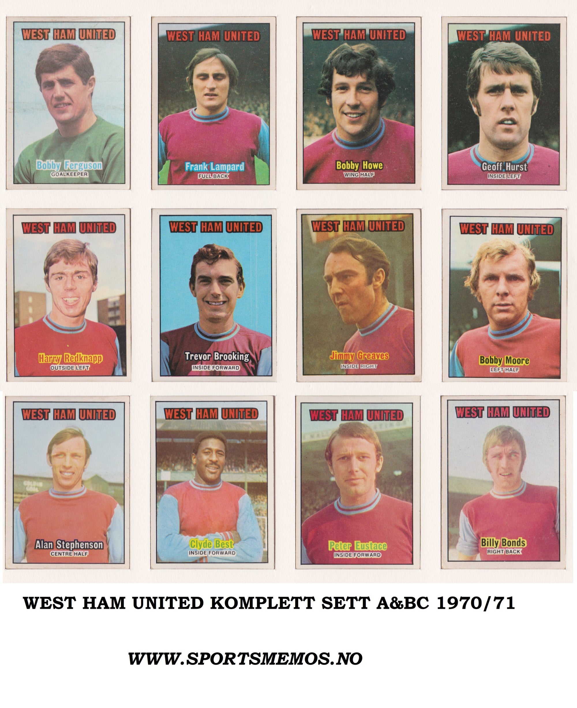 000. WEST HAM UNITED - KOMPLETT SETT MED FOTBALLKORT FRA A&BC 1970/71