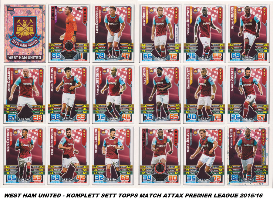 000. WEST HAM UNITED - KOMPLETT SETT MED TOPPS MATCH ATTAX PREMIER LEAGUE 2015/16