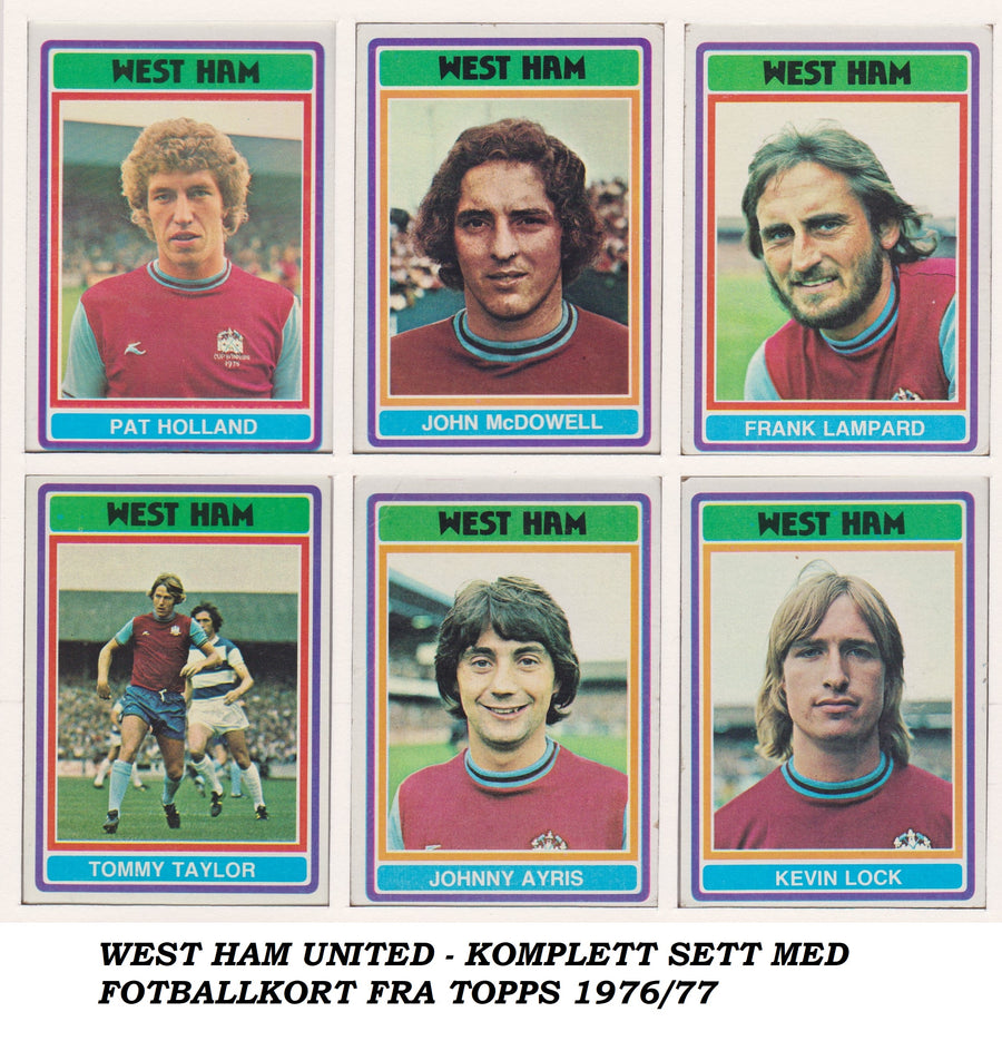 000. WEST HAM UNITED - KOMPLETT SETT MED FOTBALLKORT FRA TOPPS 1976/77