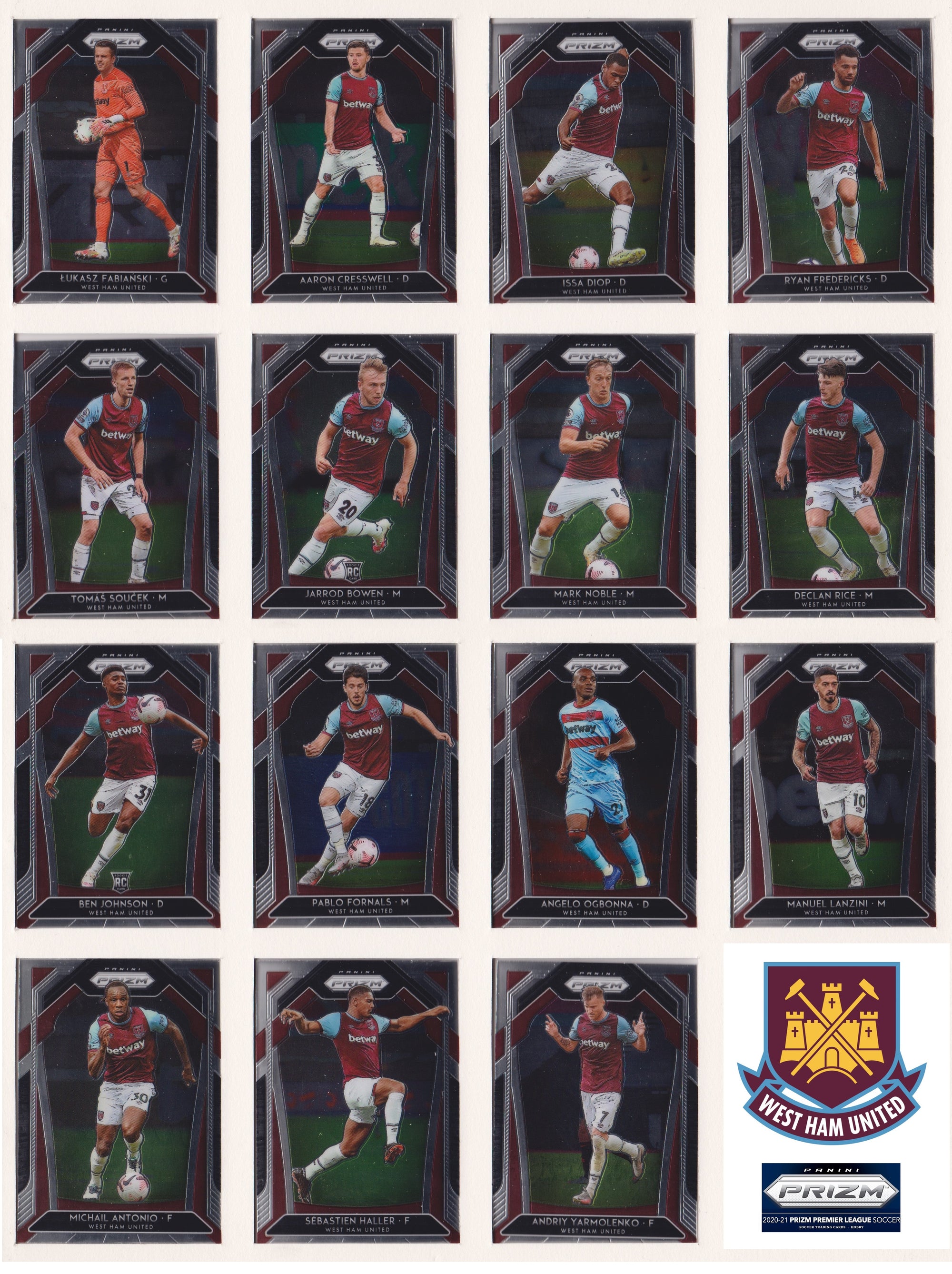 000. WEST HAM UNITED  KOMPLETT SETT MED PANINI PRIZM PREMIER LEAGUE 2020/21