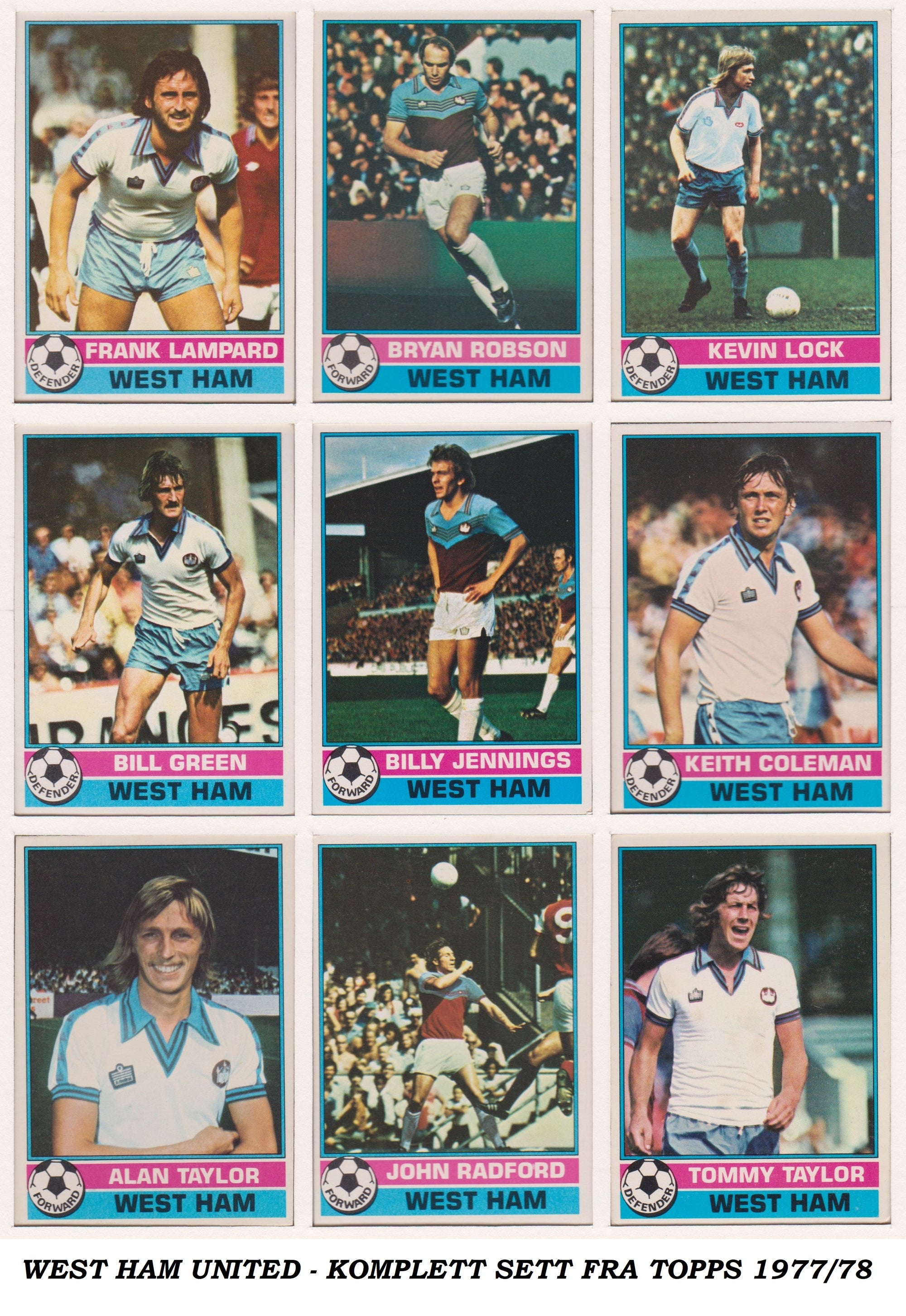 000. WEST HAM UNITED - KOMPLETT SETT MED FOTBALLKORT FRA TOPPS 1977/78