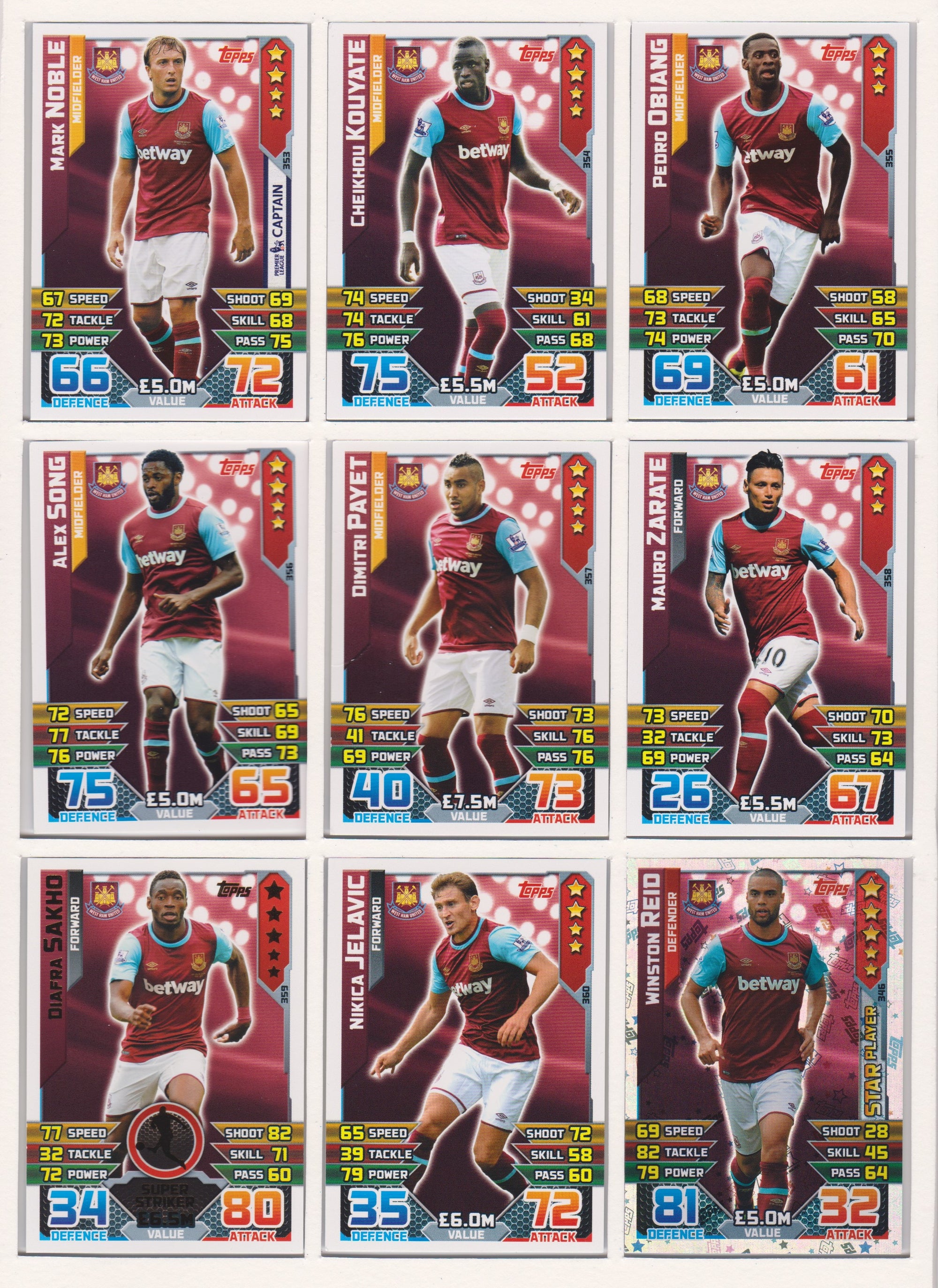000. WEST HAM UNITED - KOMPLETT SETT MED TOPPS MATCH ATTAX PREMIER LEAGUE 2015/16