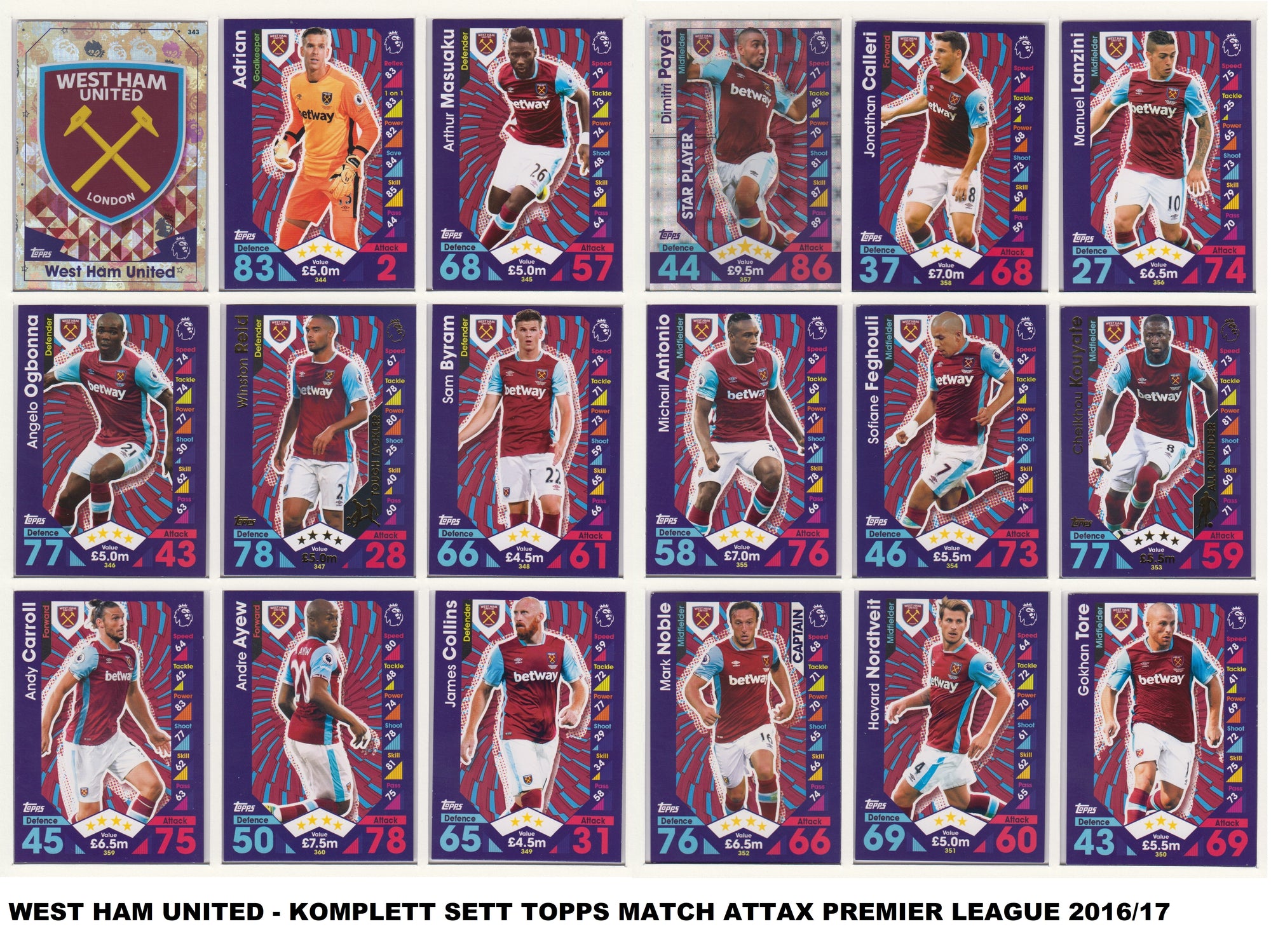 000. WEST HAM UNITED - KOMPLETT SETT MED TOPPS MATCH ATTAX PREMIER LEAGUE 2016/17