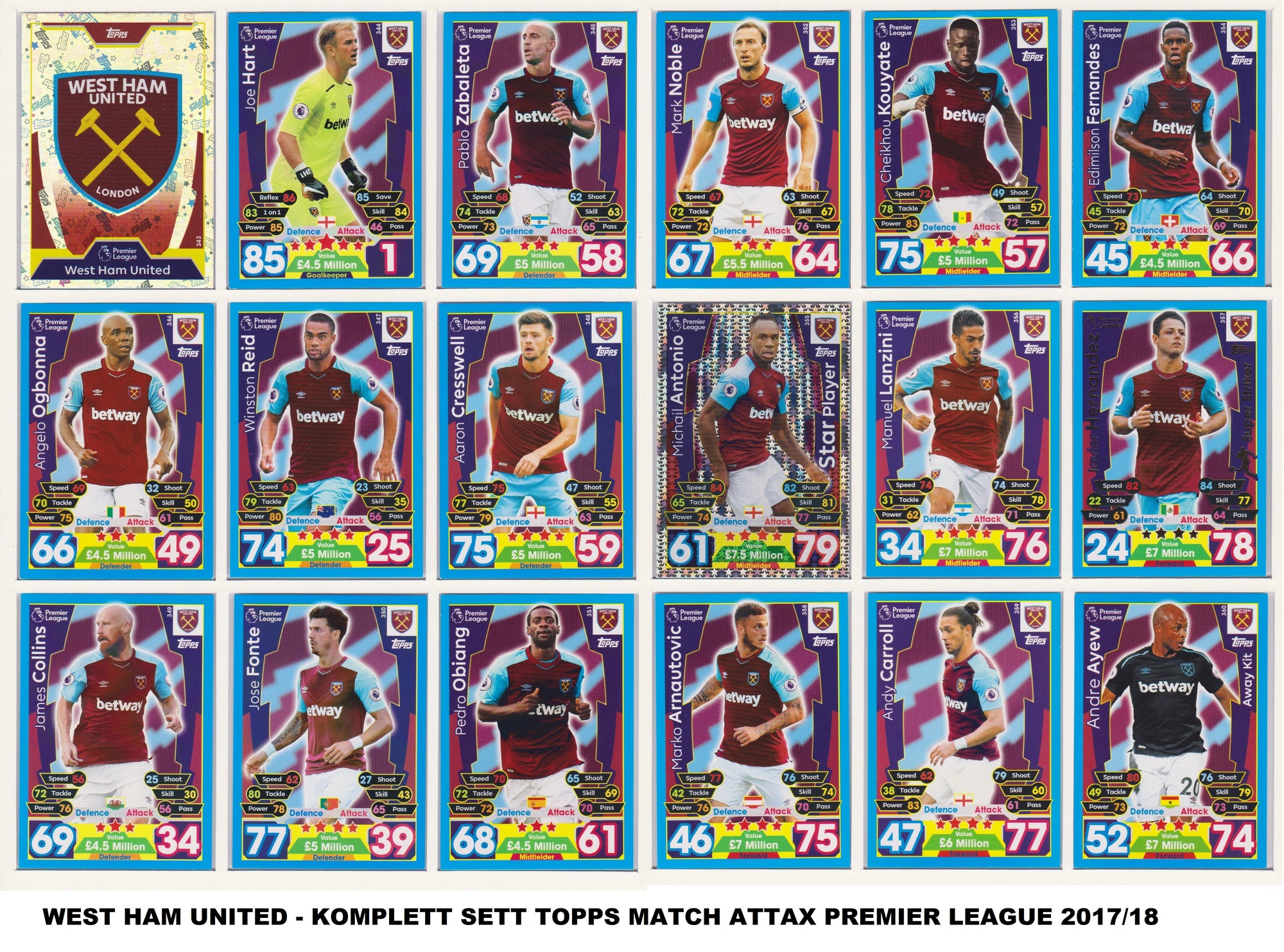 000. WEST HAM UNITED - KOMPLETT SETT MED TOPPS MATCH ATTAX PREMIER LEAGUE 2017/18