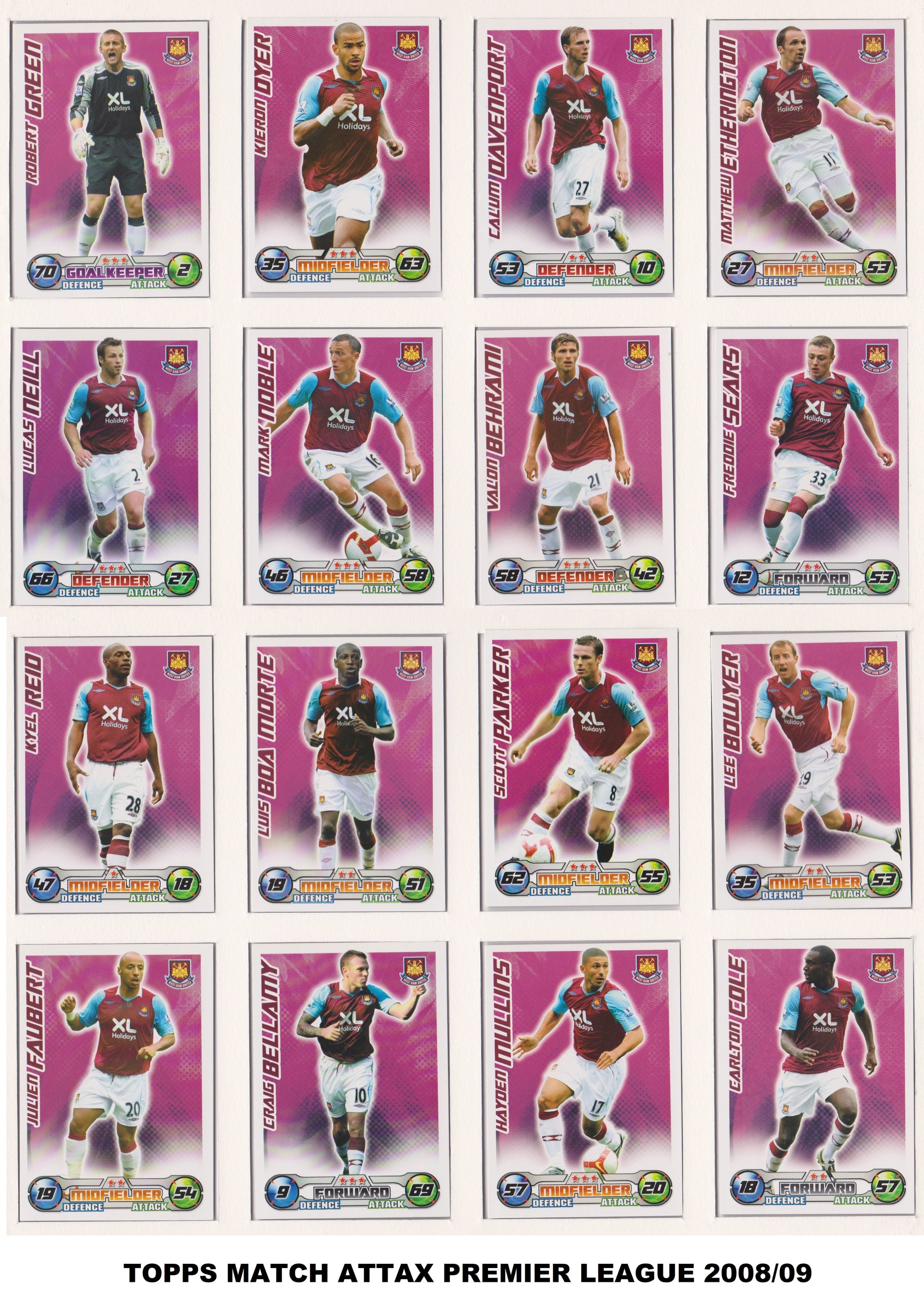 000. WEST HAM UNITED - KOMPLETT SETT MED FOTBALLKORT FRA MATCH ATTAX 2008/09