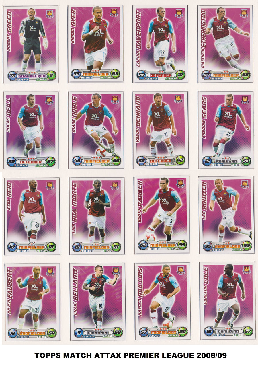000. WEST HAM UNITED - KOMPLETT SETT MED FOTBALLKORT FRA MATCH ATTAX 2008/09