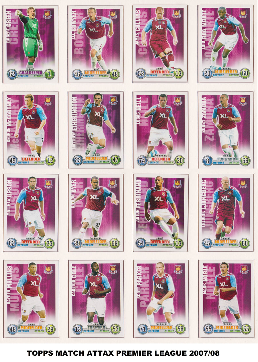 000. WEST HAM UNITED - KOMPLETT SETT MED FOTBALLKORT FRA 2007/08