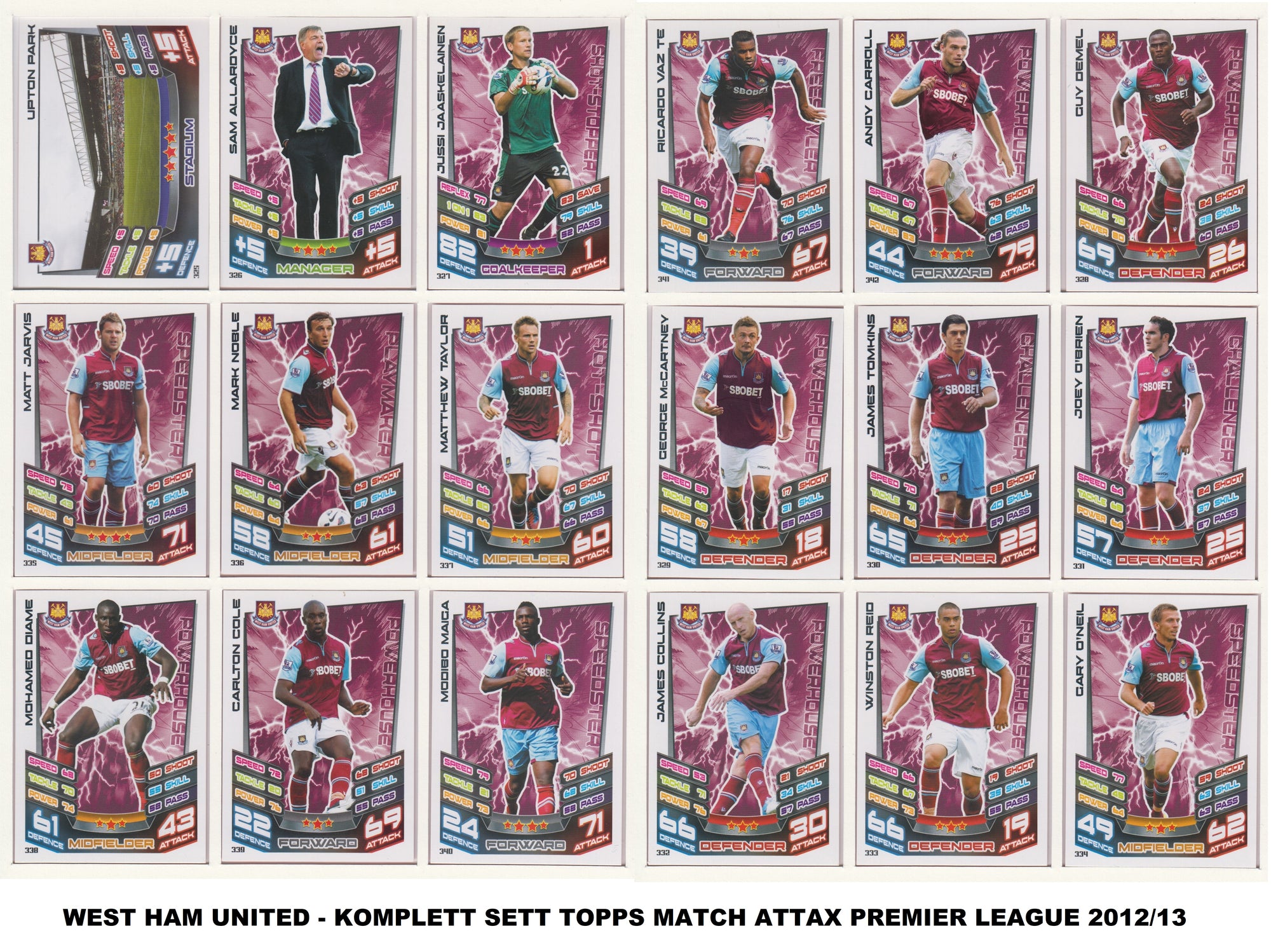 000. WEST HAM UNITED - KOMPLETT SETT MED TOPPS MATCH ATTAX PREMIER LEAGUE 2012/13