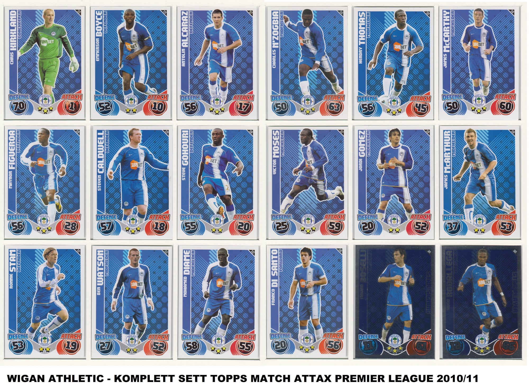 000. WIGAN ATHLETIC - KOMPLETT SETT MED TOPPS MATCH ATTAX PREMIER LEAGUE 2010/11