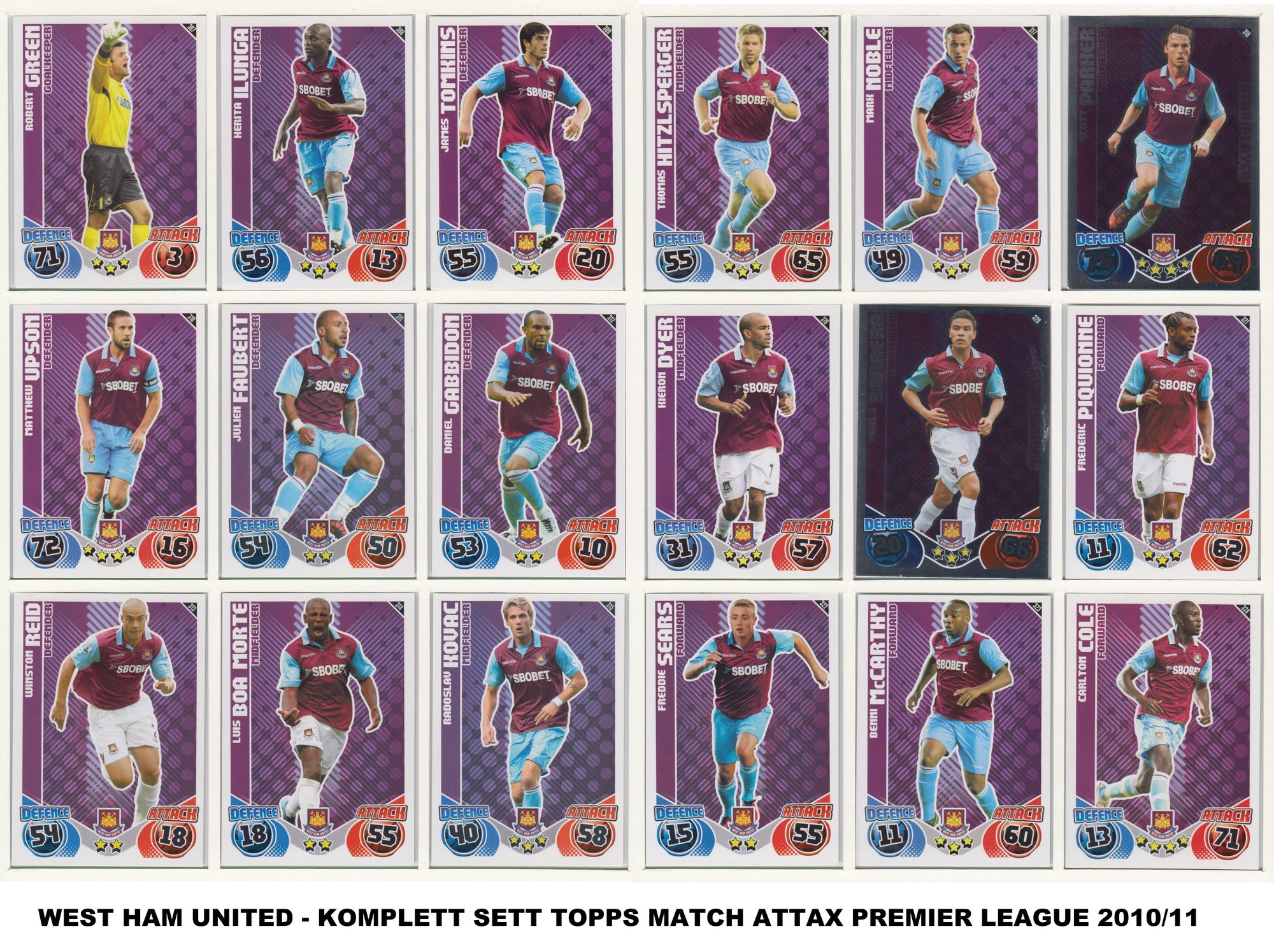 000. WEST HAM UNITED - KOMPLETT SETT MED TOPPS MATCH ATTAX PREMIER LEAGUE 2010/11
