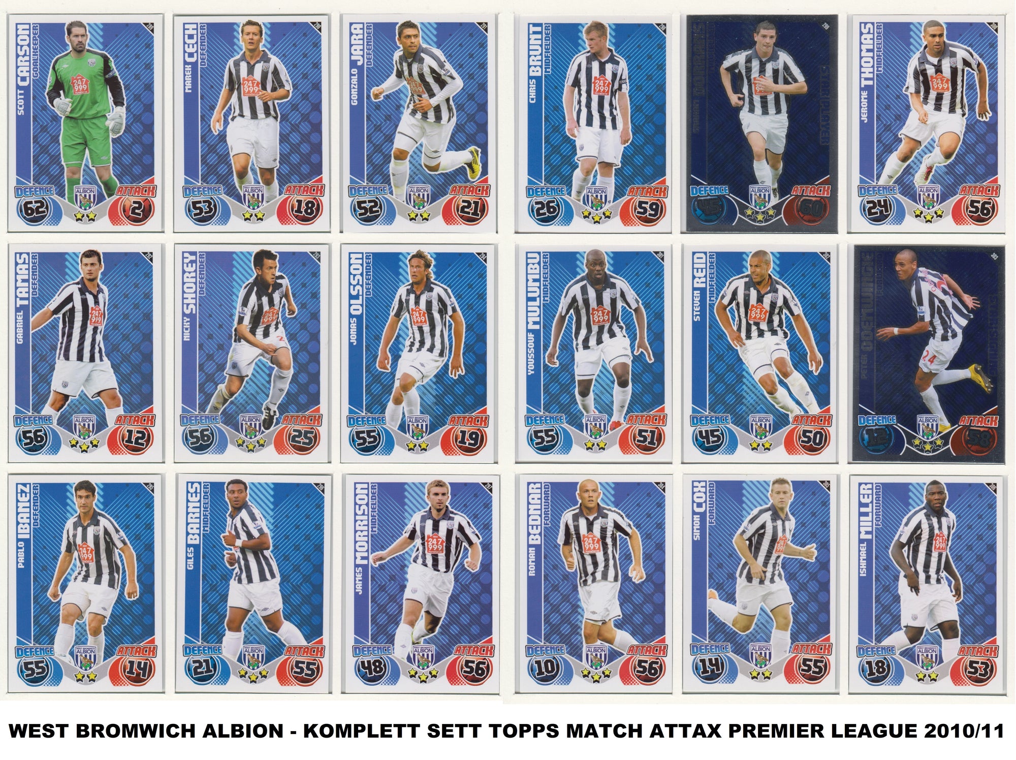 000. WEST BROMWICH ALBION - KOMPLETT SETT MED TOPPS MATCH ATTAX PREMIER LEAGUE 2010/11