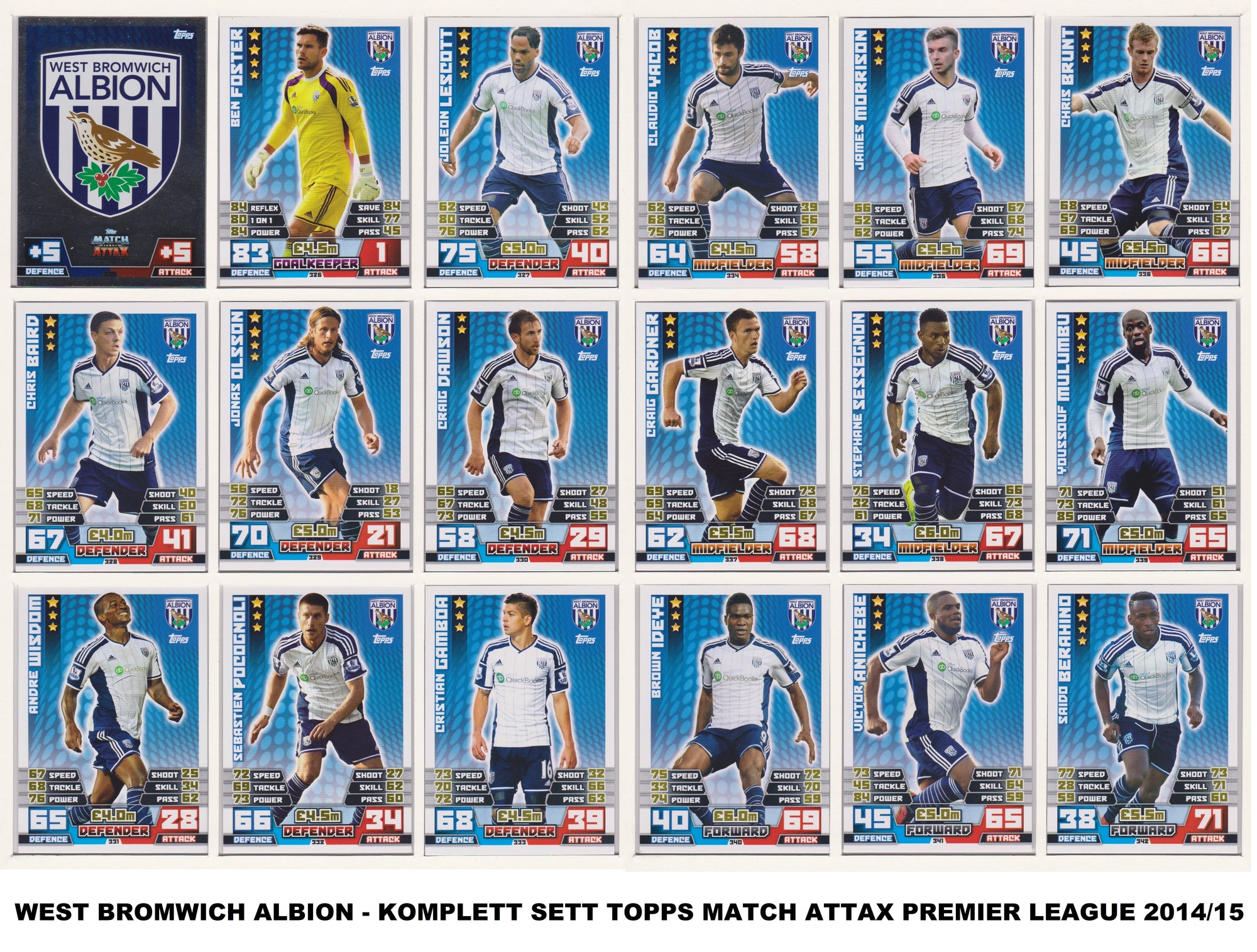 000. WEST BROMWICH ALBION  - KOMPLETT SETT MED TOPPS MATCH ATTAX PREMIER LEAGUE 2014/15