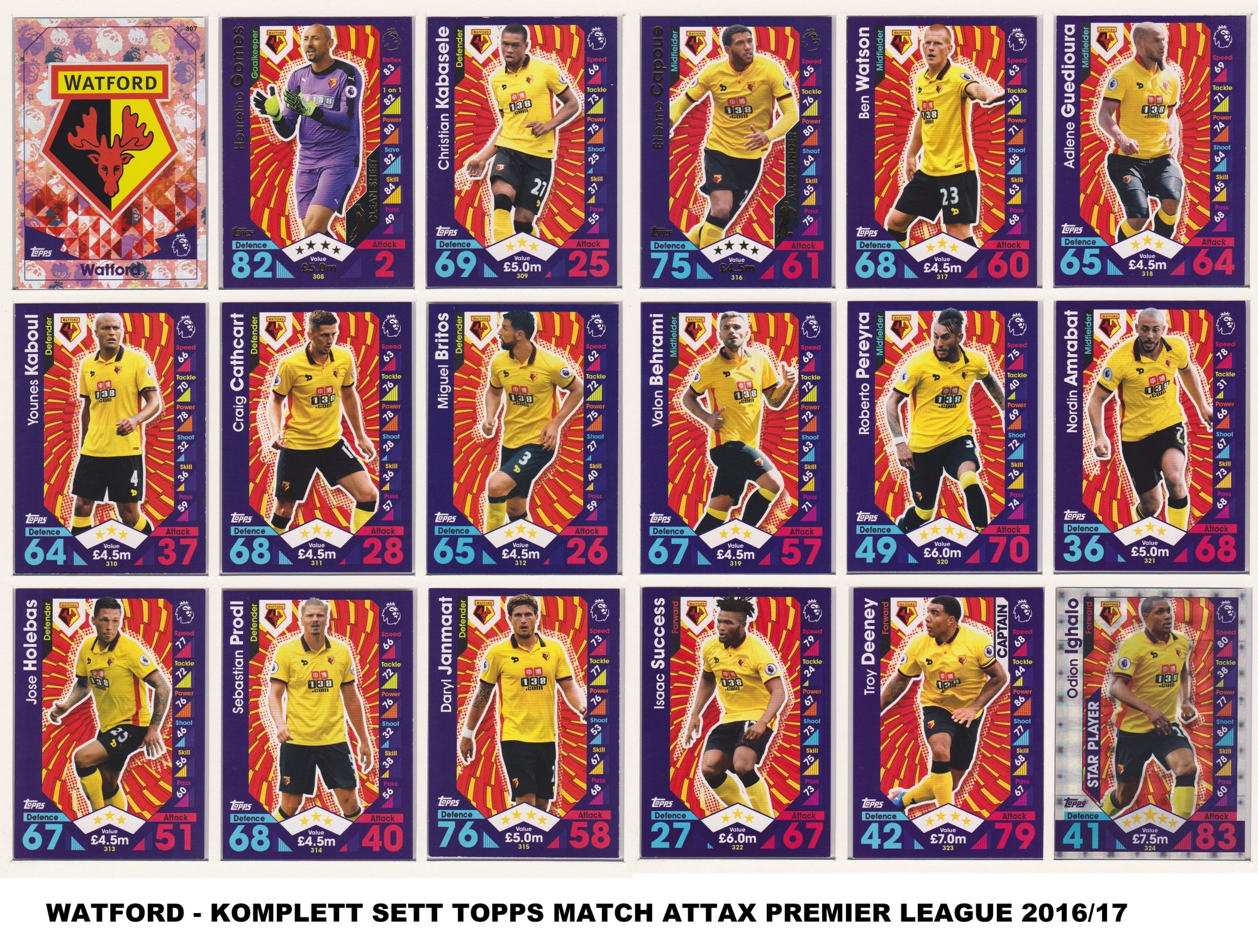 000. WATFORD - KOMPLETT SETT MED TOPPS MATCH ATTAX PREMIER LEAGUE 2016/17