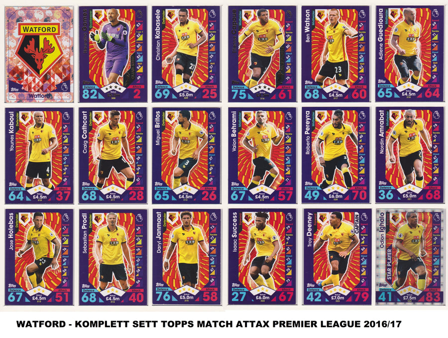 000. WATFORD - KOMPLETT SETT MED TOPPS MATCH ATTAX PREMIER LEAGUE 2016/17