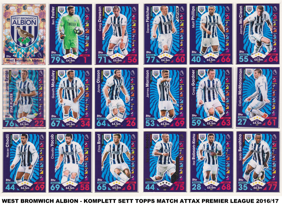 000. WEST BROMWICH ALBION - KOMPLETT SETT MED TOPPS MATCH ATTAX PREMIER LEAGUE 2016/17