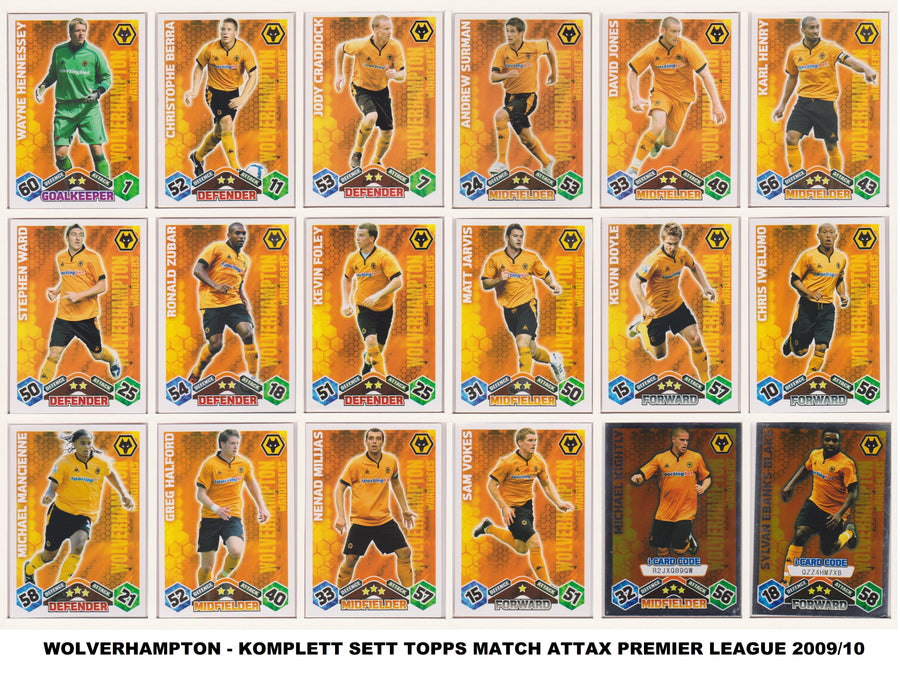 000. WOLVERHAMPTON - KOMPLETT SETT MED TOPPS MATCH ATTAX PREMIER LEAGUE 2009/10