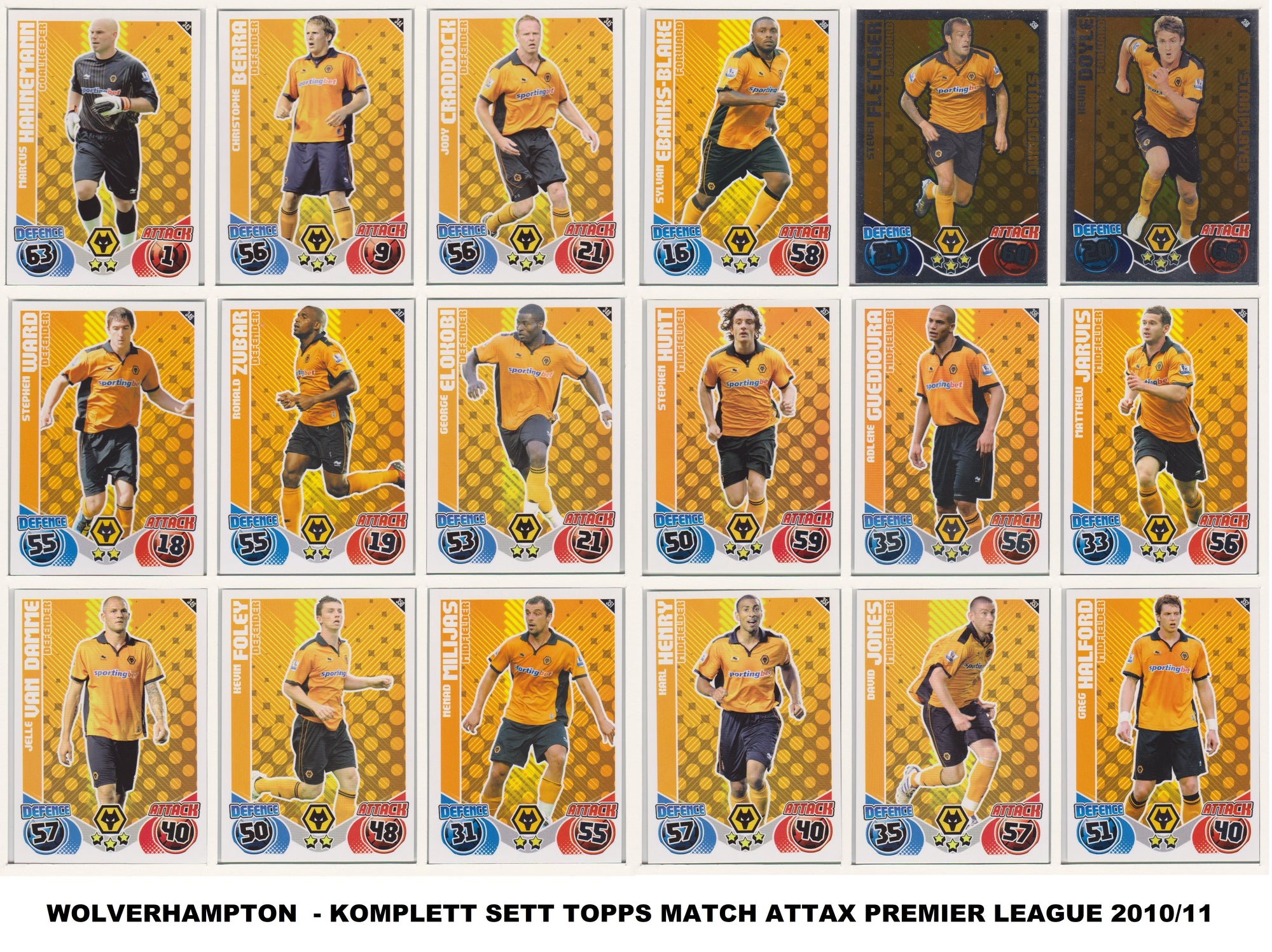 000. WOLVERHAMPTON WANDERERS  - KOMPLETT SETT MED TOPPS MATCH ATTAX PREMIER LEAGUE 2010/11