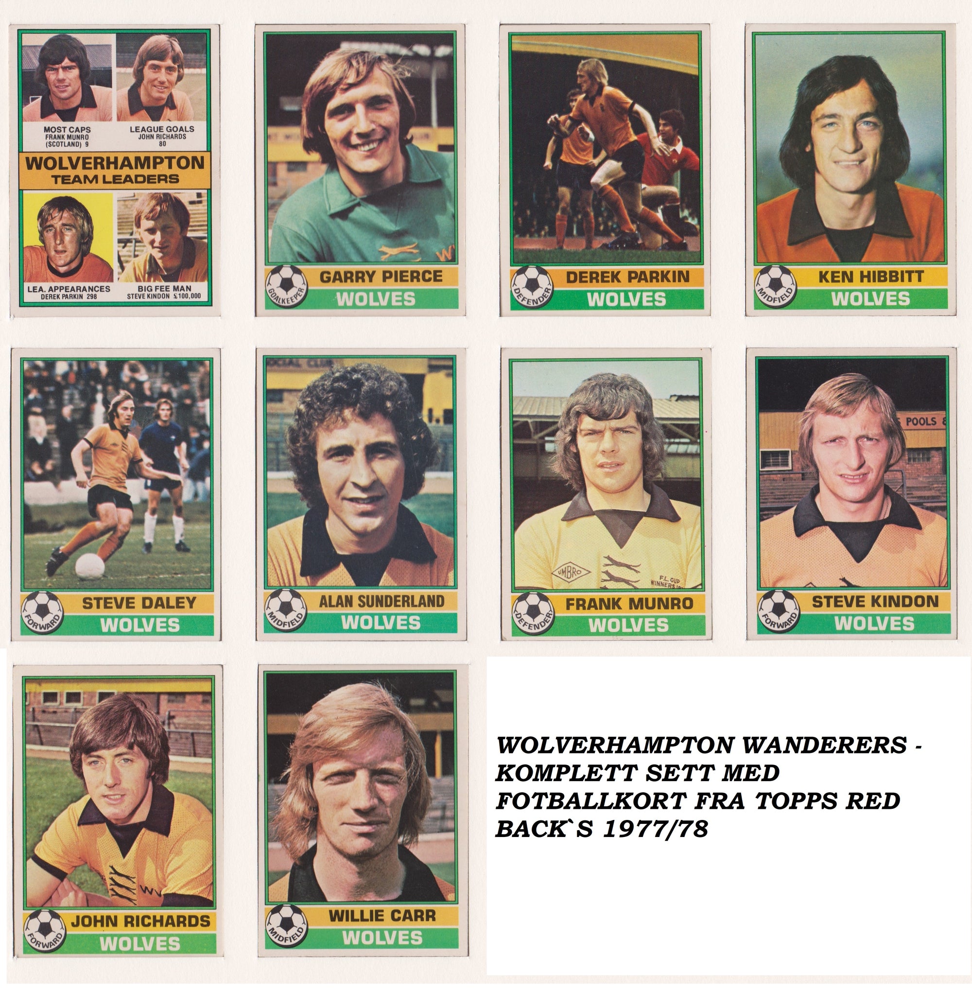 000. WOLVERHAMPTON WANDERERS - KOMPLETT SETT MED FOTBALLKORT FRA TOPPS 1977/78