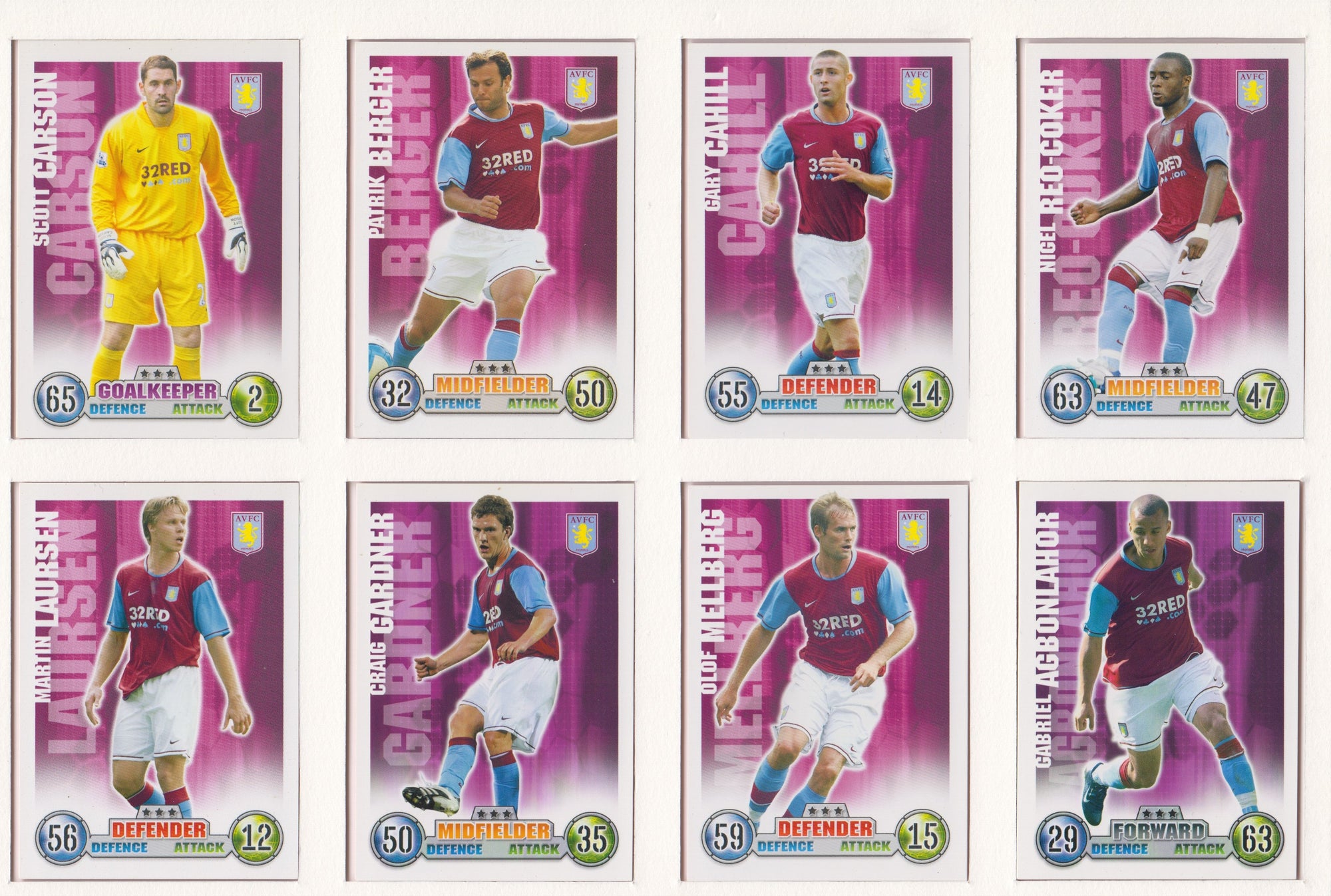 000. ASTON VILLA - KOMPLETT SETT MED FOTBALLKORT TOPPS MATCH ATTAX PREMIER LEAGUE 2007/08