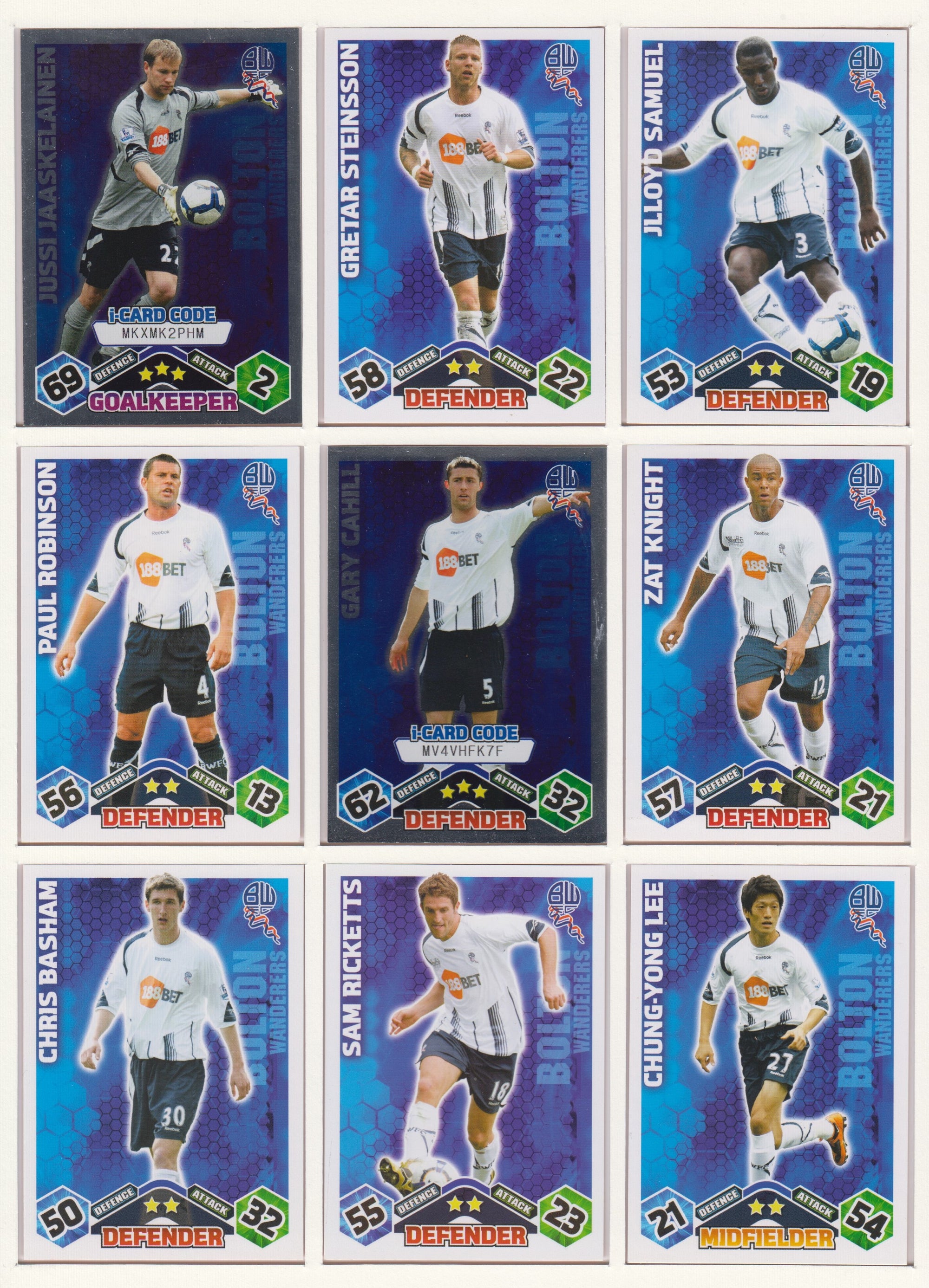 000. BOLTON WANDERERS - KOMPLETT SETT MED TOPPS MATCH ATTAX PREMIER LEAGUE 2009/10