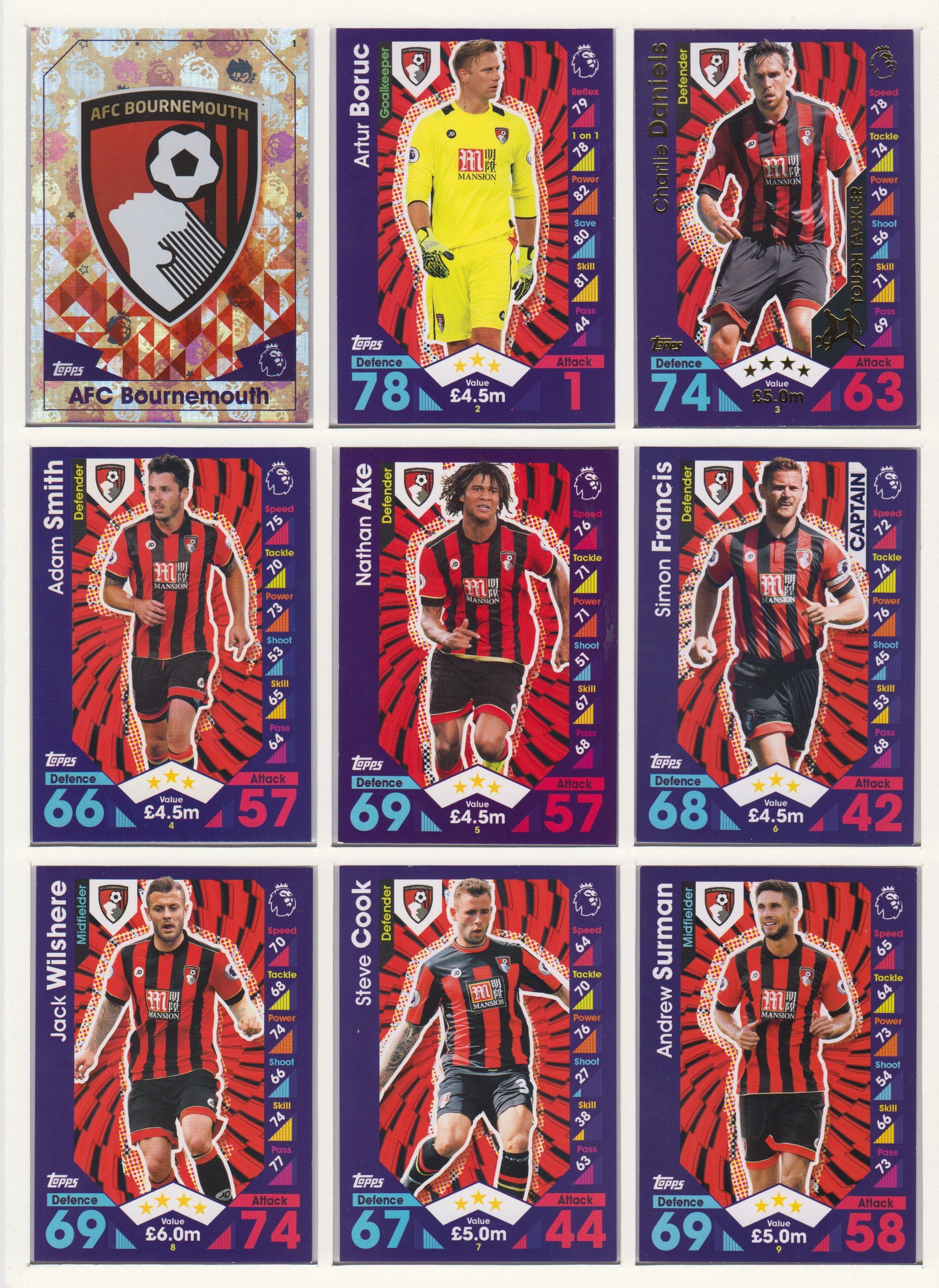 000. AFC BOURNEMOUTH - KOMPLETT SETT MED TOPPS MATCH ATTAX PREMIER LEAGUE 2016/17