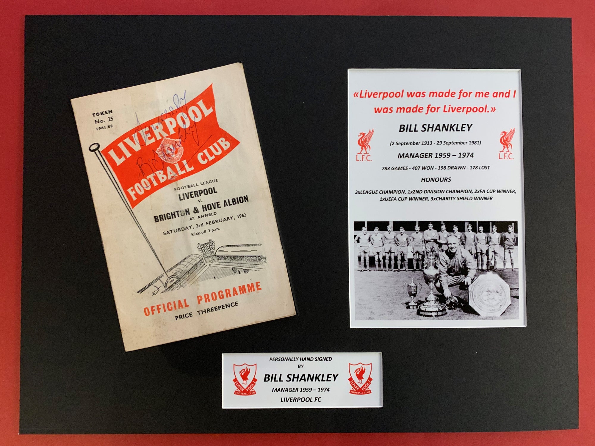 BILL SHANKLEY - SIGNERT KAMPPROGRAM FRA 1962 I MONTASJE MED "HONOURS"