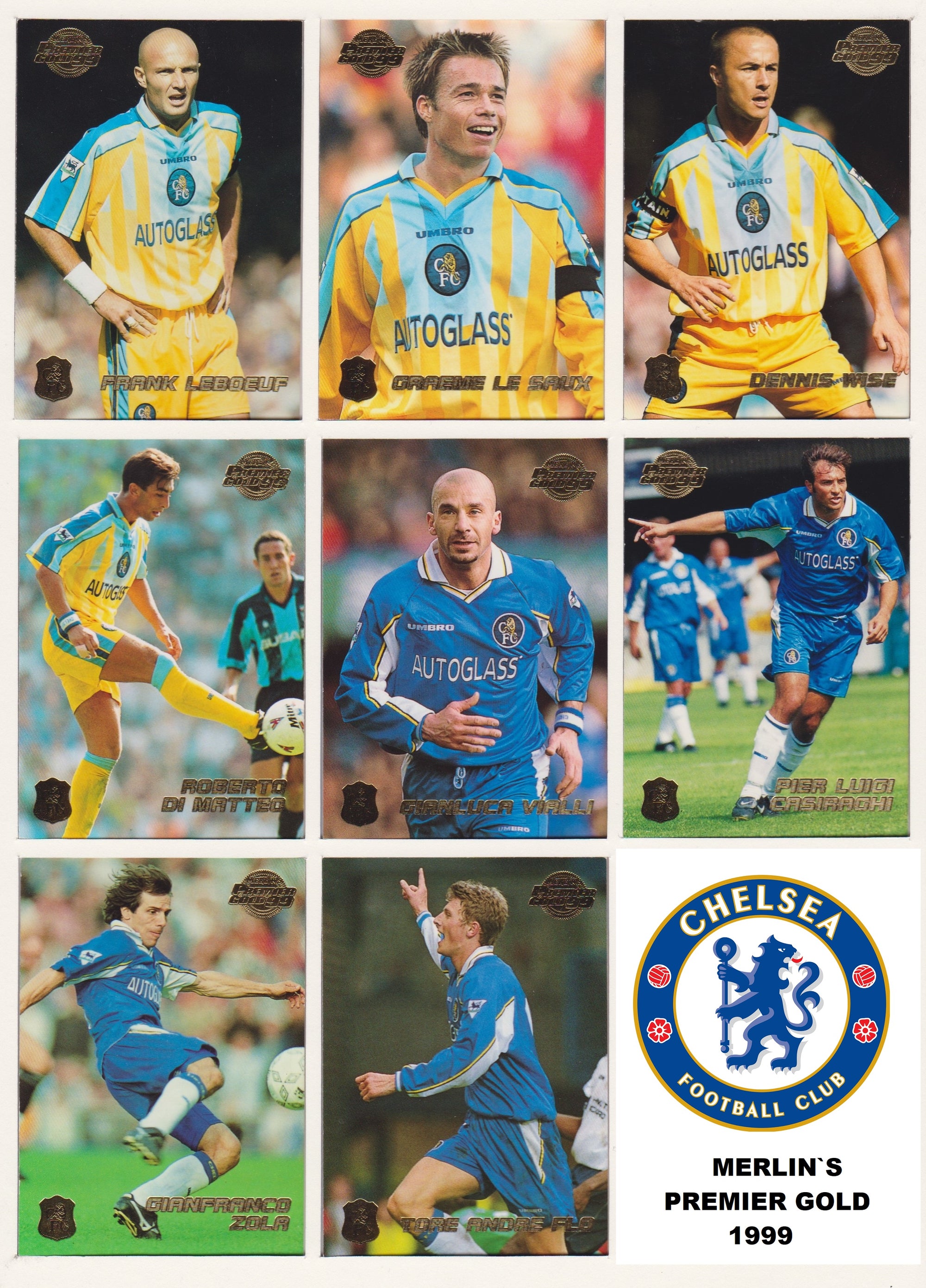 000. CHELSEA - KOMPLETT SETT MED MERLIN`S PREMIER GOLD 1999