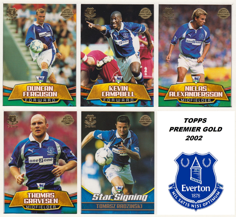 000. EVERTON - KOMPLETT SETT MED FOTBALLKORT TOPPS PREMIER GOLD 2002