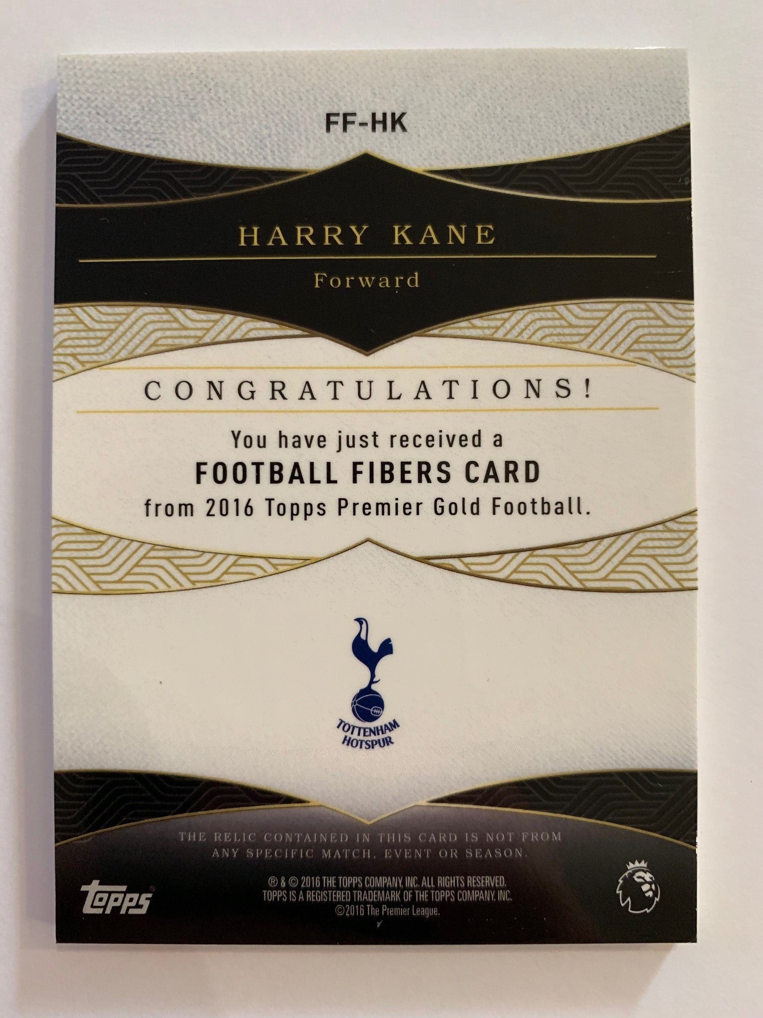 FF-HK- HARRY KANE - TOTTENHAM - TOPPS PREMIER GOLD 2016 - "PLAYER WORN MEMORABILIA"