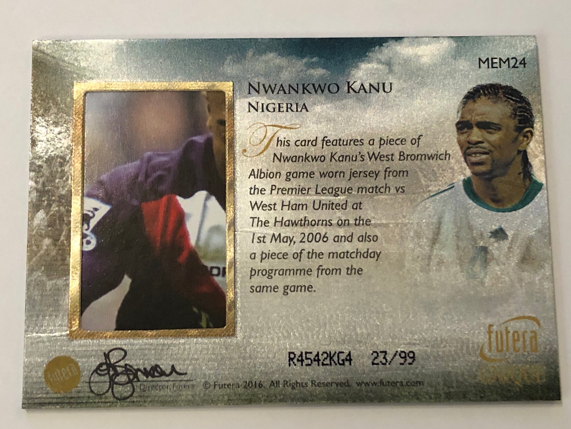 NWANKWO KANU - NIGERIA - GAME USED MEMORABILIA 2016 #99