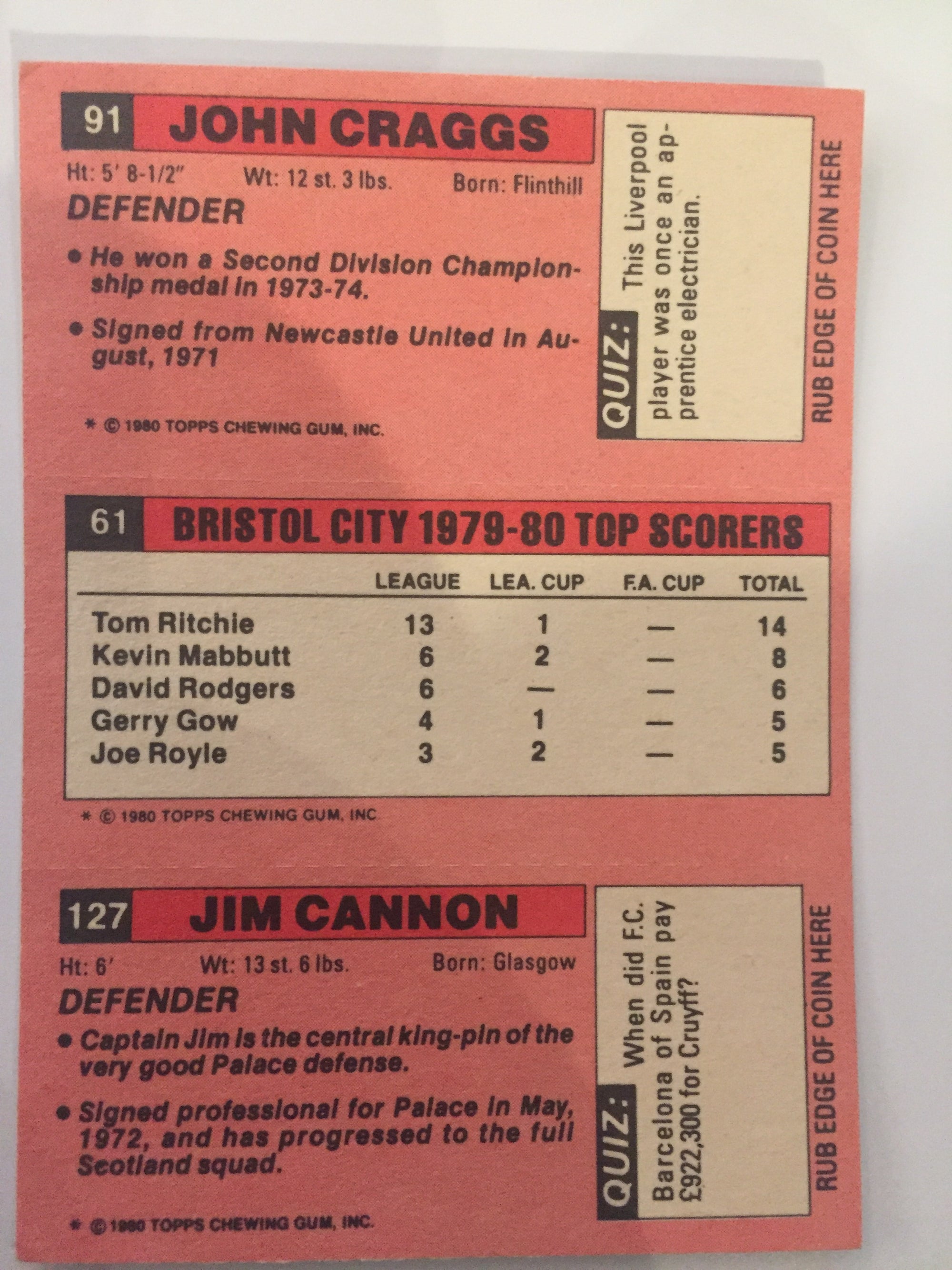 91 - 61 - 127.     CRAGGS - BRISTOL CITY - CANNON