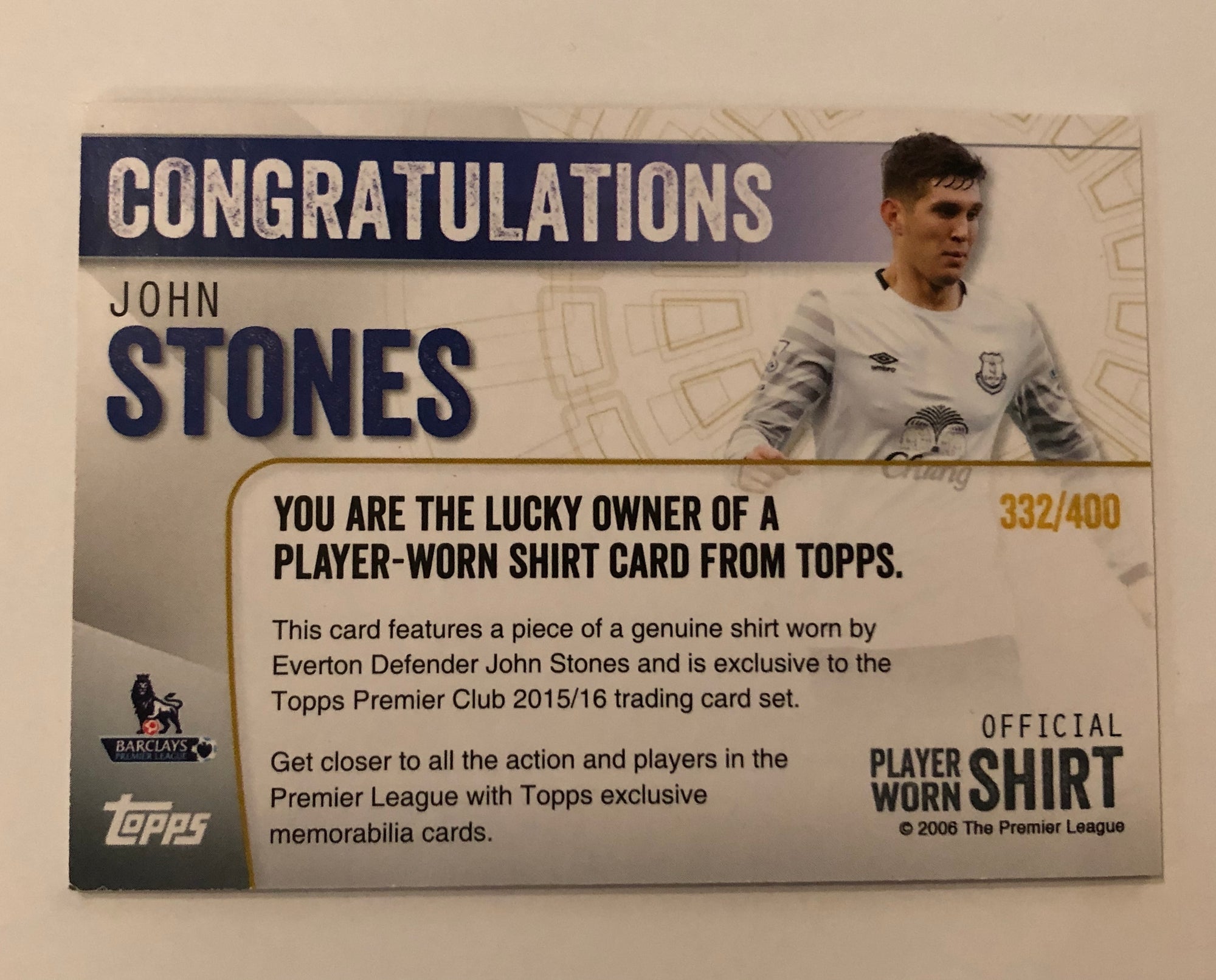 JOHN STONES - EVERTON - TOPPS PREMIER CLUB 2015 - PLAYER WORN SHIRT CARD - FOLTBALL FIBER CARD RELIC