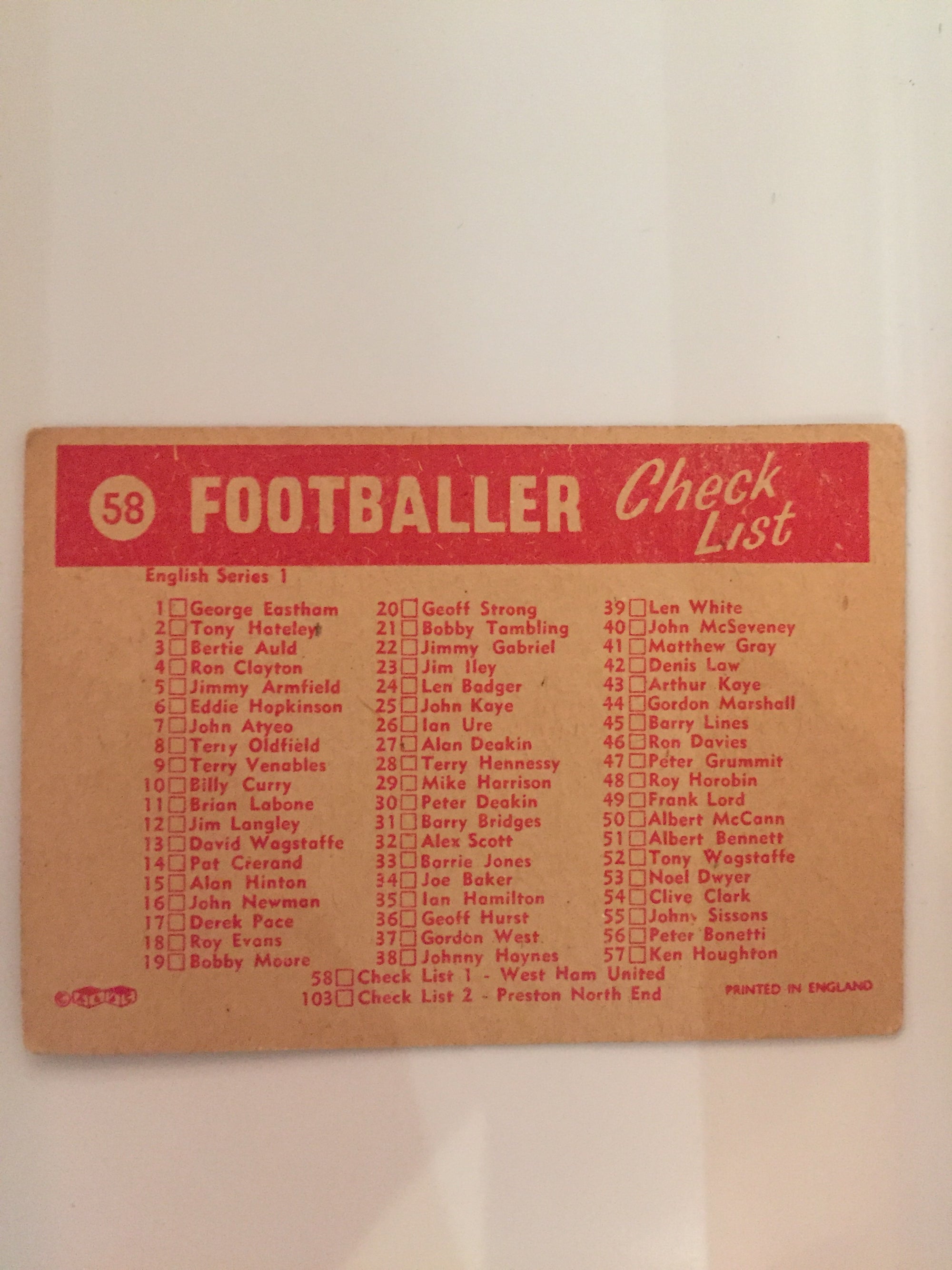 058. WEST HAM UNITED - CHECKLIST