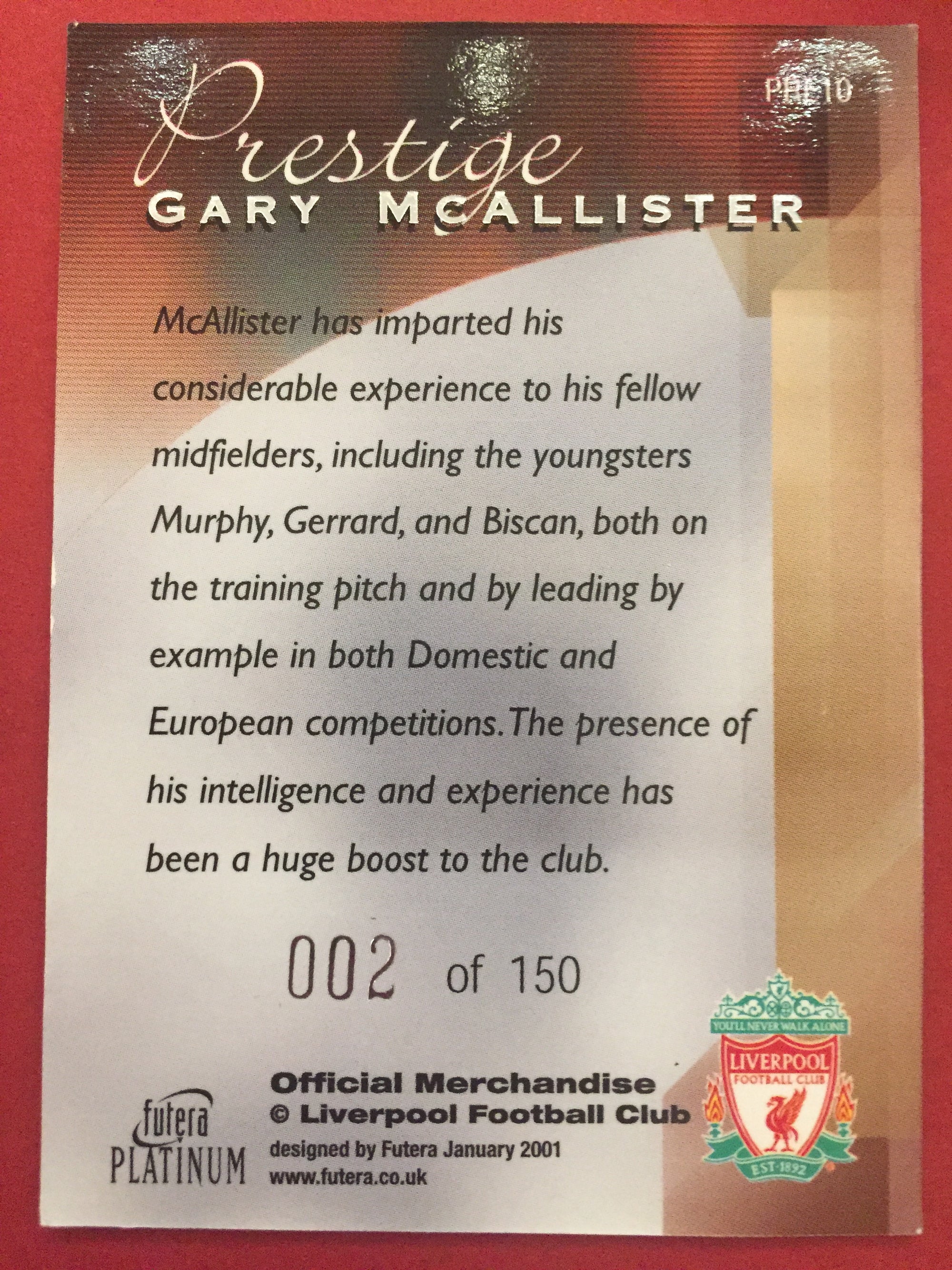 GARY MCALLISTER - FUTERA PLATINUM PRESTIGE 2001 #150