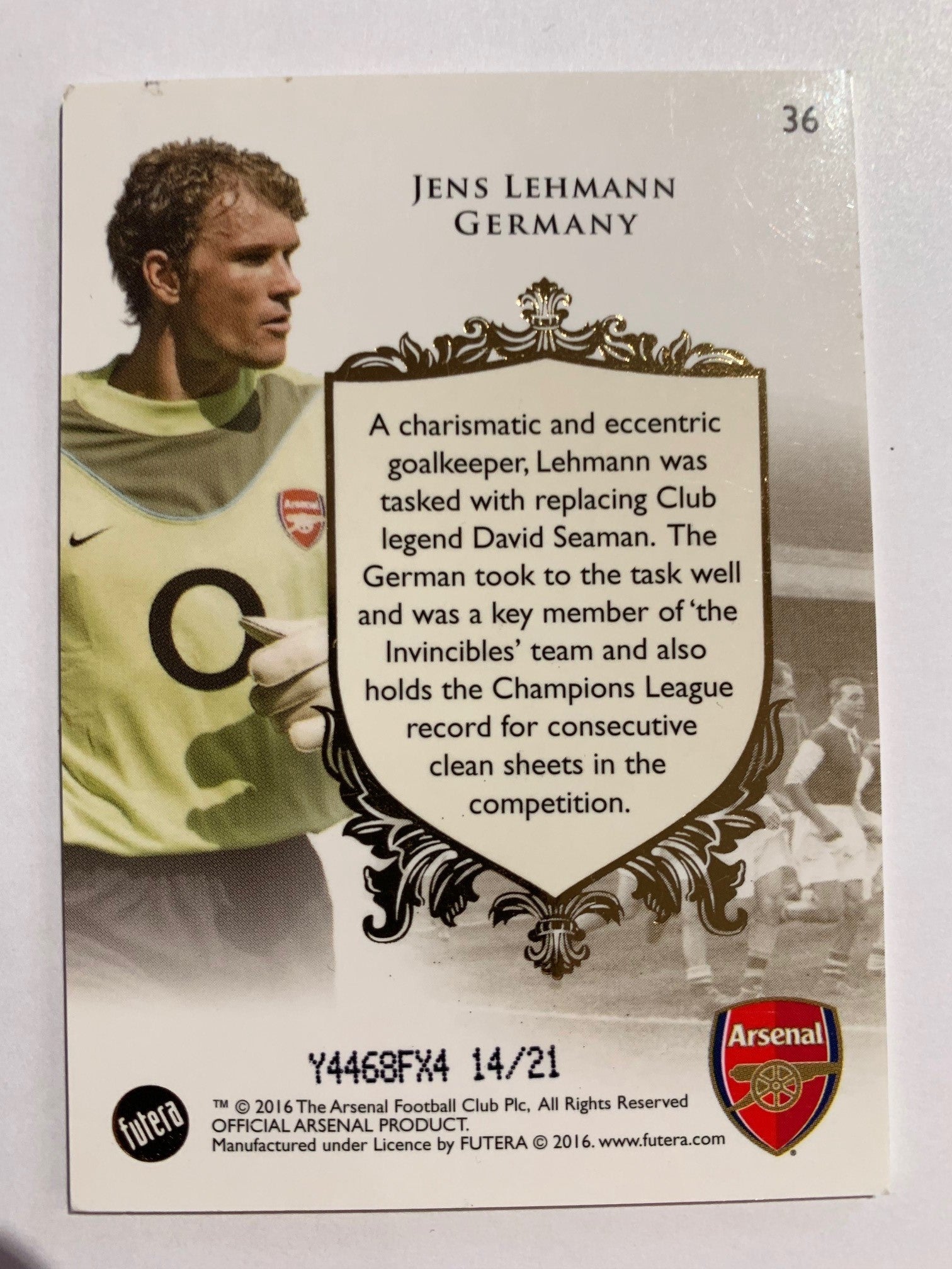 JENS LEHMANN - ARSENAL - FUTERA 2016 "THE GREATS" SILVER #21