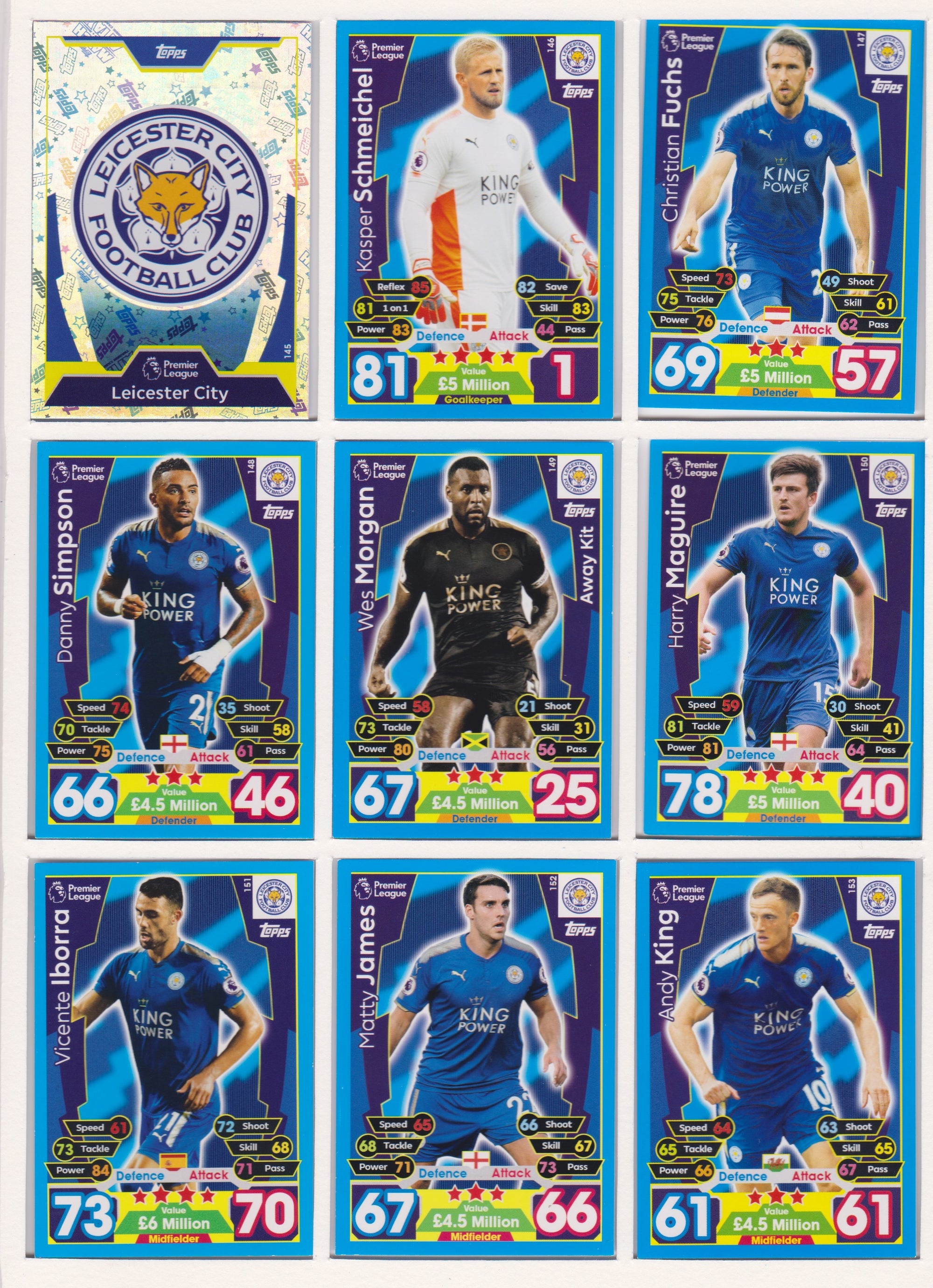 000. LEICESTER CITY - KOMPLETT SETT MED TOPPS MATCH ATTAX PREMIER LEAGUE 2017/18