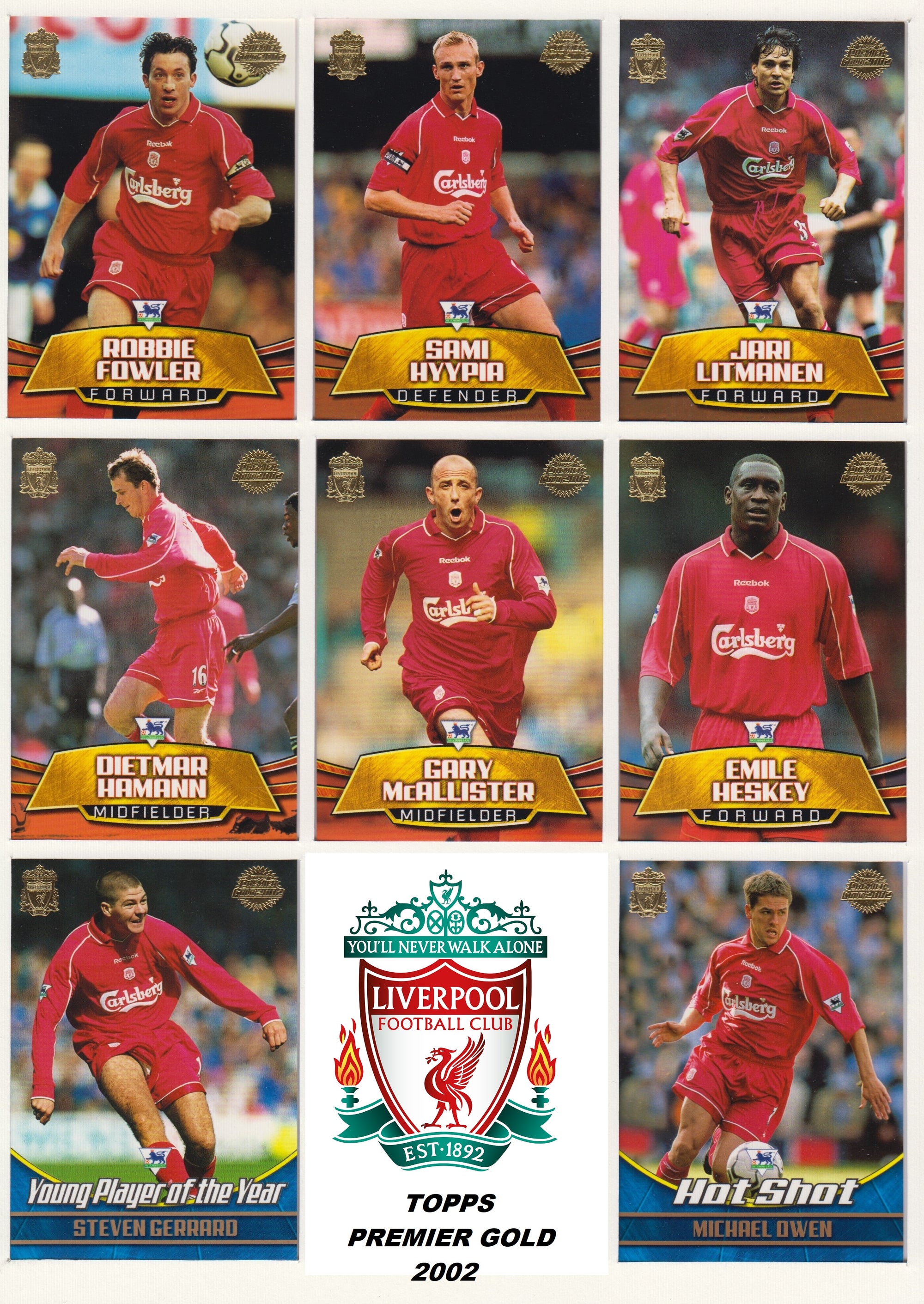 000. LIVERPOOL - KOMPLETT SETT MED FOTBALLKORT TOPPS PREMIER GOLD 2002